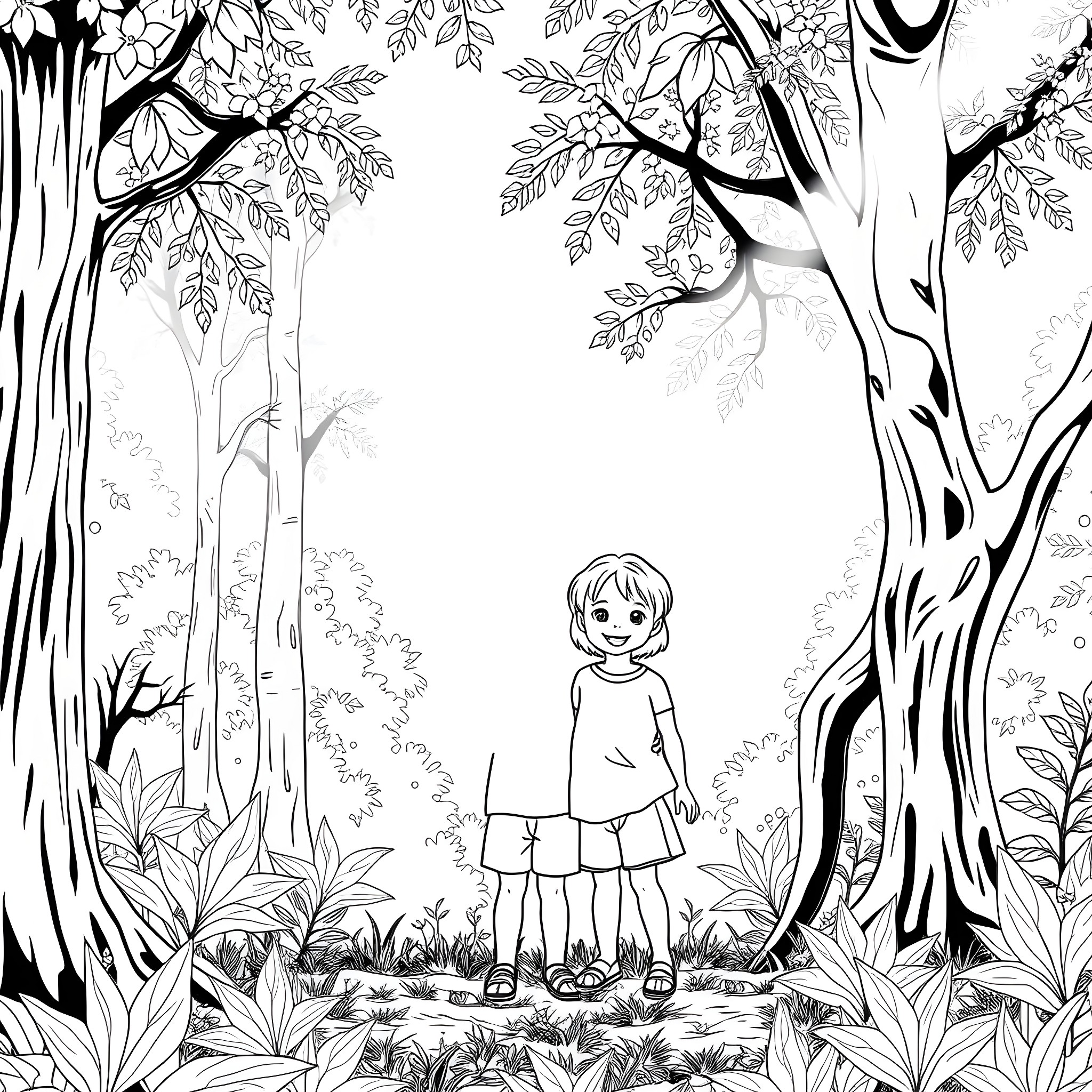 Kid exploring the enchanting forest Coloring Page (free black-and-white line drawing printable PDF for all, from beginners to advanced learners, including children, teens, adults, and seniors)