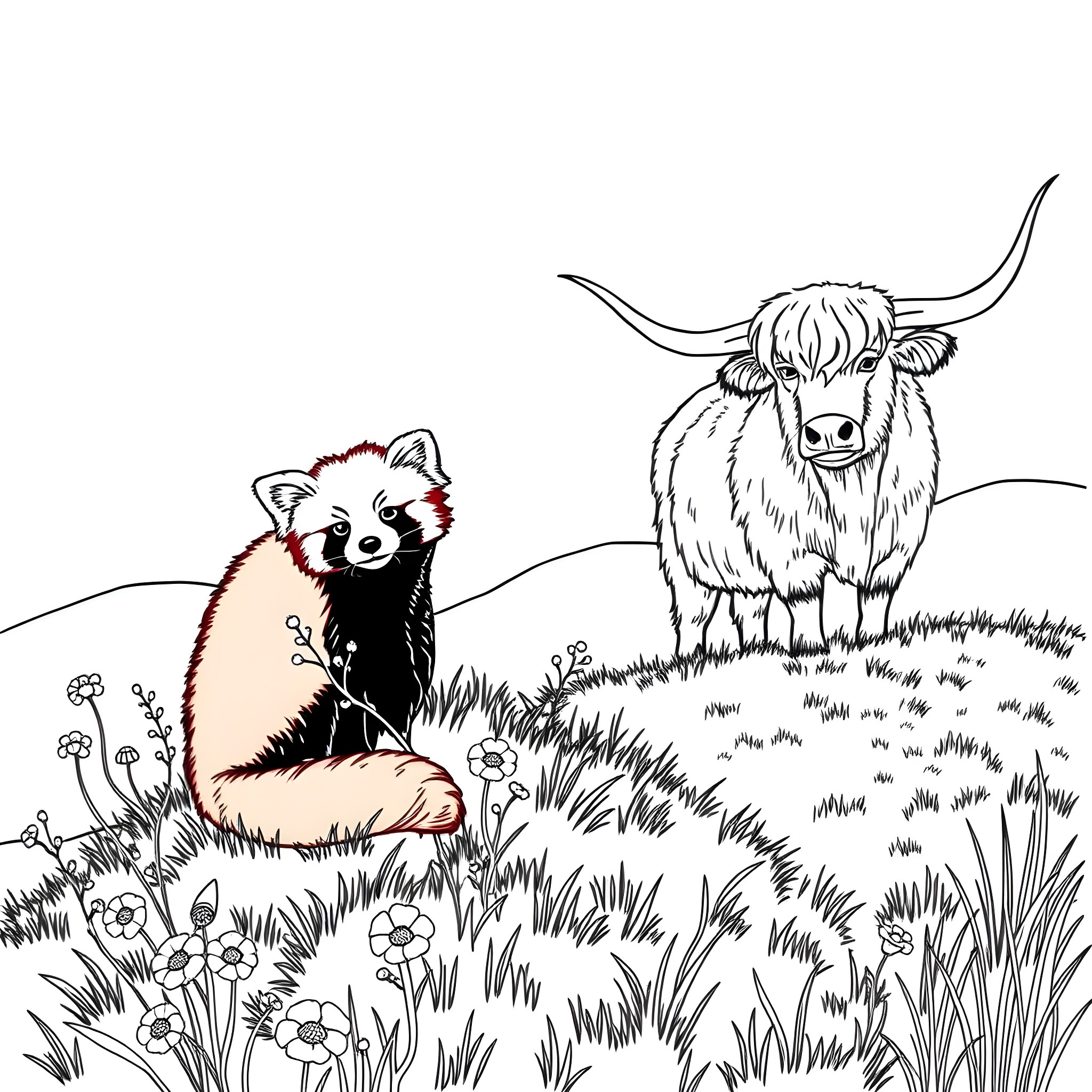 Red Panda and Highland Cow in Flower Meadow Coloring Page (free black-and-white line drawing printable PDF for all, from beginners to advanced learners, including children, teens, adults, and seniors)