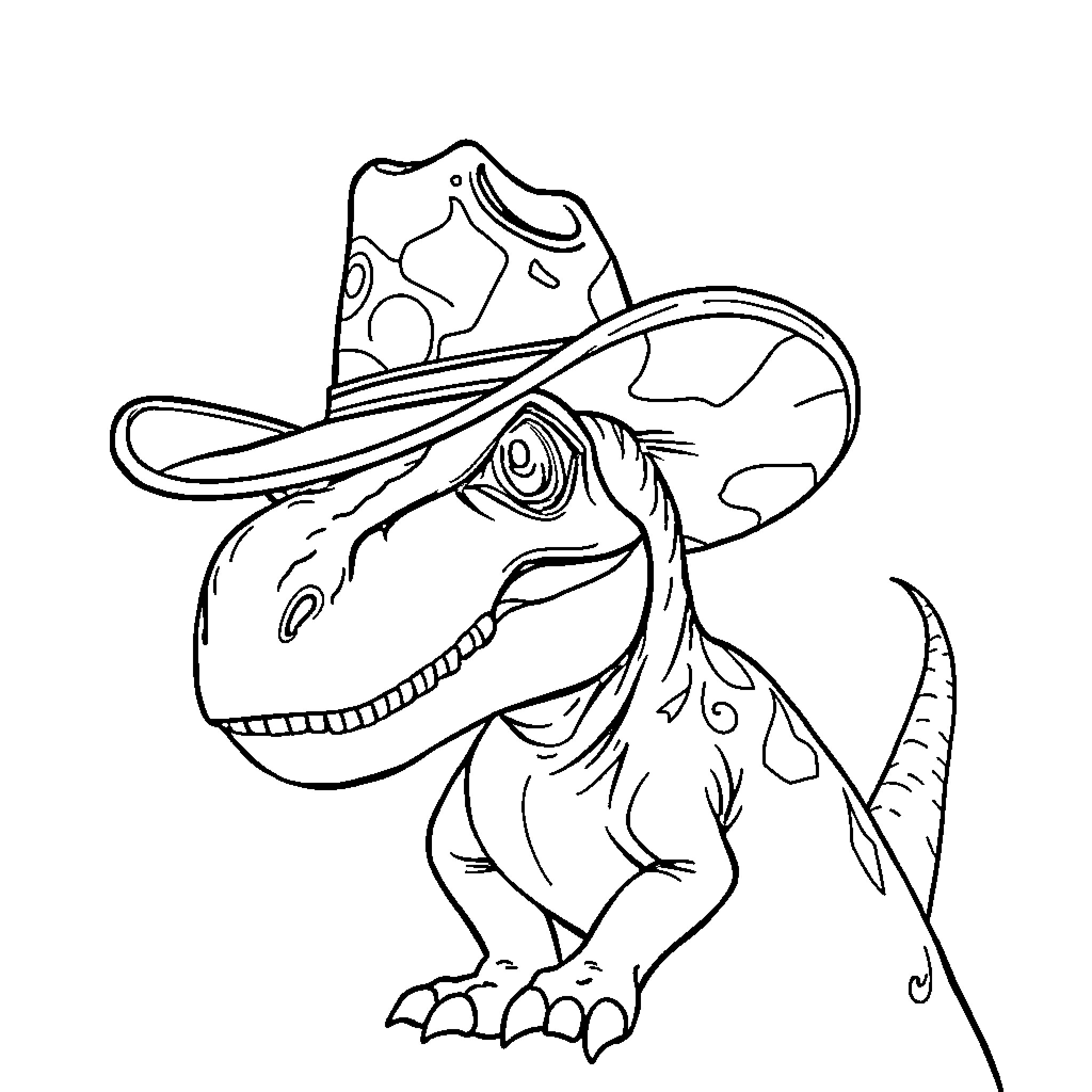 T-Rex wearing a cowboy hat and smiling Coloring Page (free black-and-white line drawing printable PDF for all, from beginners to advanced learners, including children, teens, adults, and seniors)