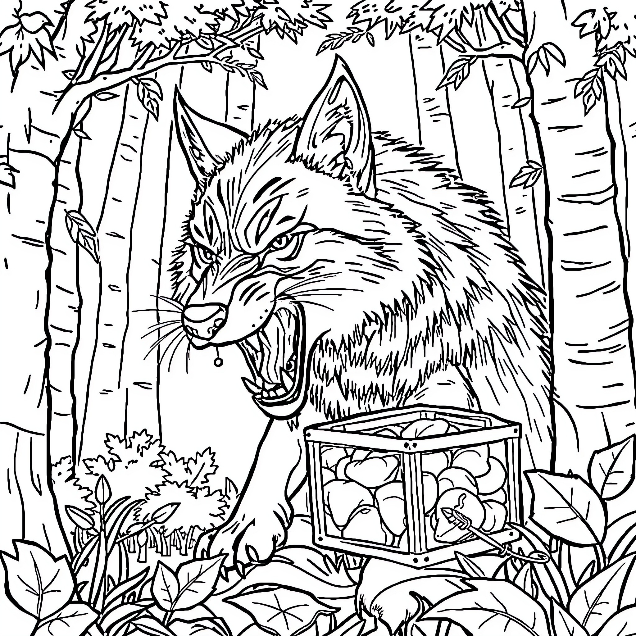 Loup guarding the treasure in the forest Coloring Page (free black-and-white line drawing printable PDF for all, from beginners to advanced learners, including children, teens, adults, and seniors)