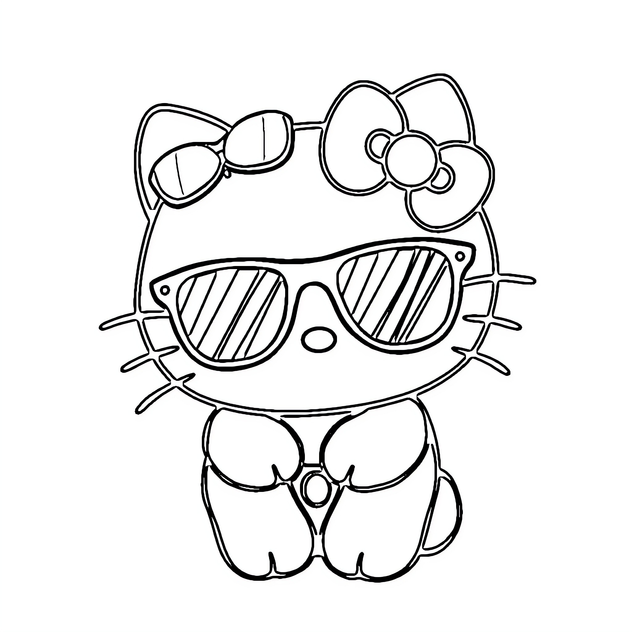 Hello Kitty wearing stylish sunglasses Coloring Page (free black-and-white line drawing printable PDF for all, from beginners to advanced learners, including children, teens, adults, and seniors)