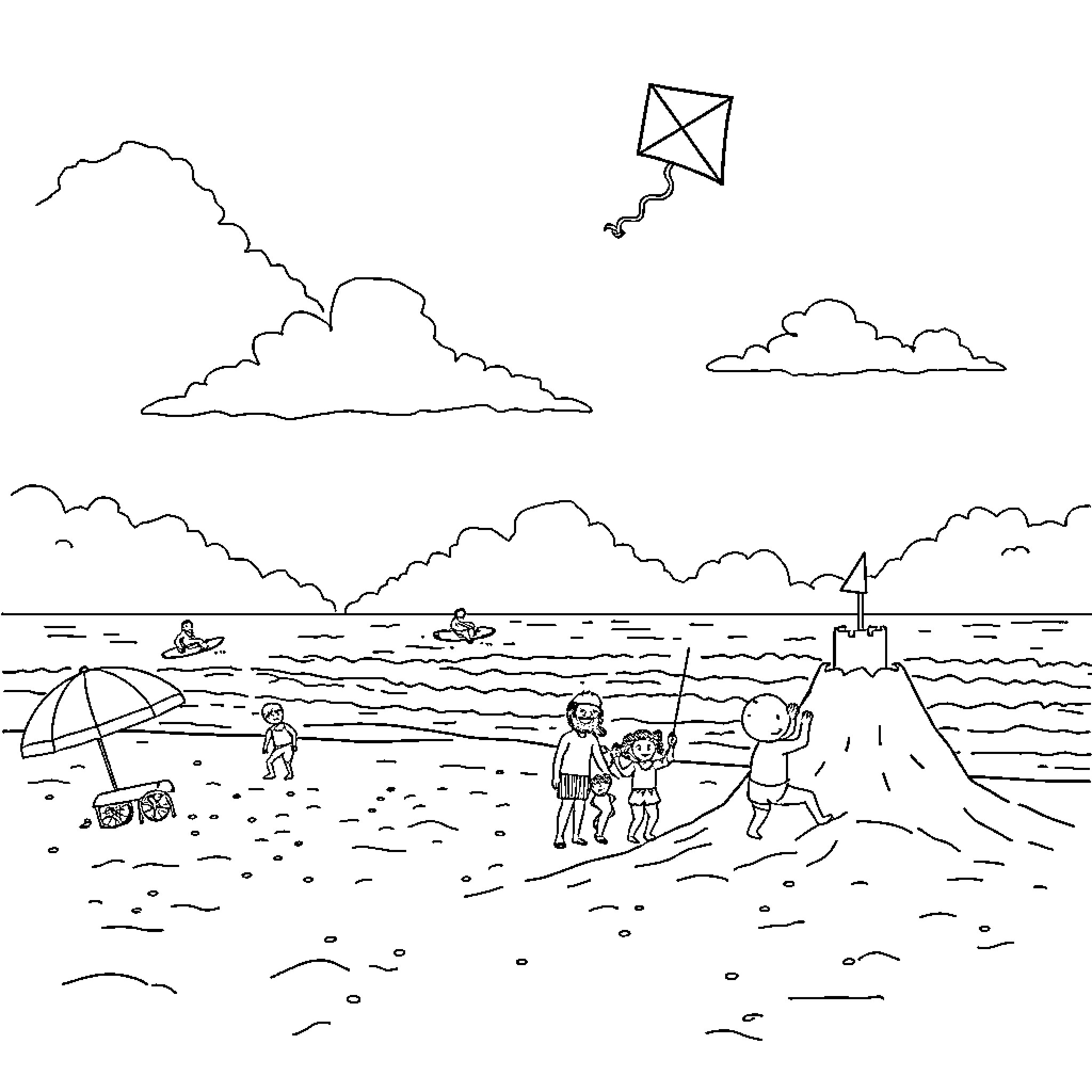 Beach scene with people and kites Coloring Page (free black-and-white line drawing printable PDF for all, from beginners to advanced learners, including children, teens, adults, and seniors)