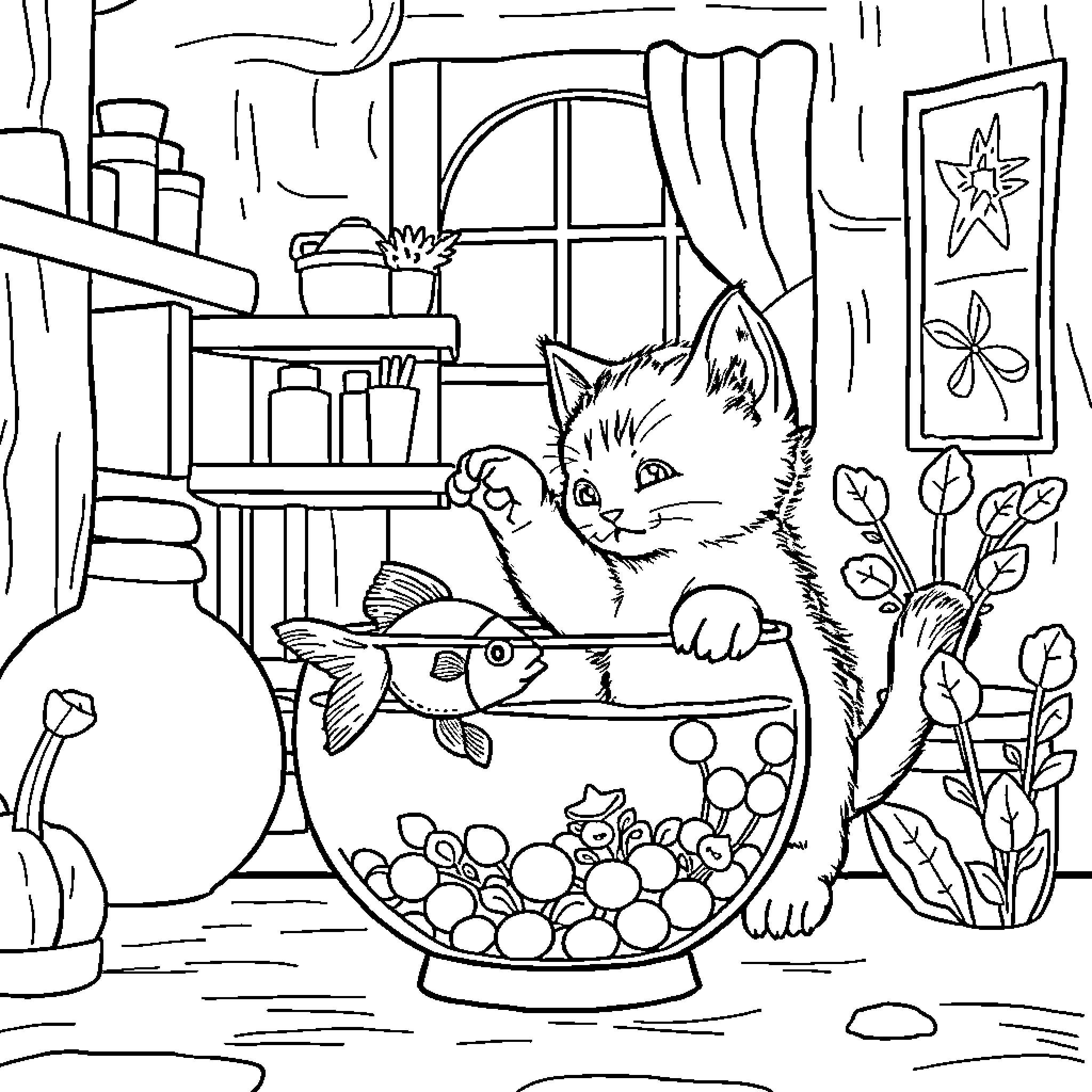 Kitten exploring a cozy home environment Coloring Page (free black-and-white line drawing printable PDF for all, from beginners to advanced learners, including children, teens, adults, and seniors)