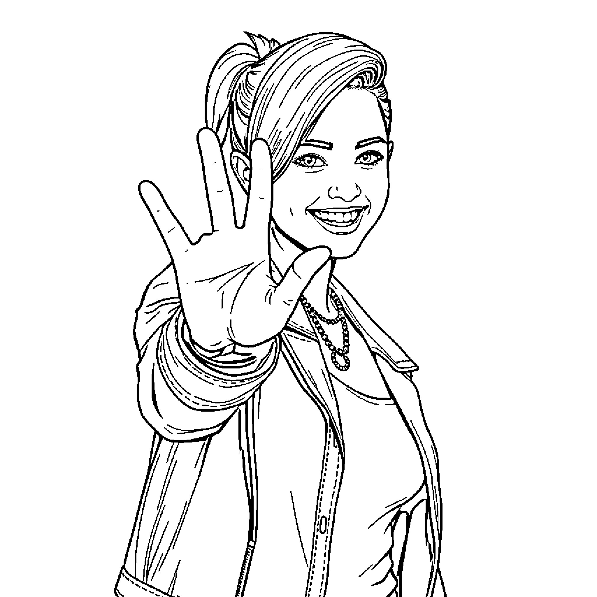 Miley Cyrus making a peace sign Coloring Page (free black-and-white line drawing printable PDF for all, from beginners to advanced learners, including children, teens, adults, and seniors)