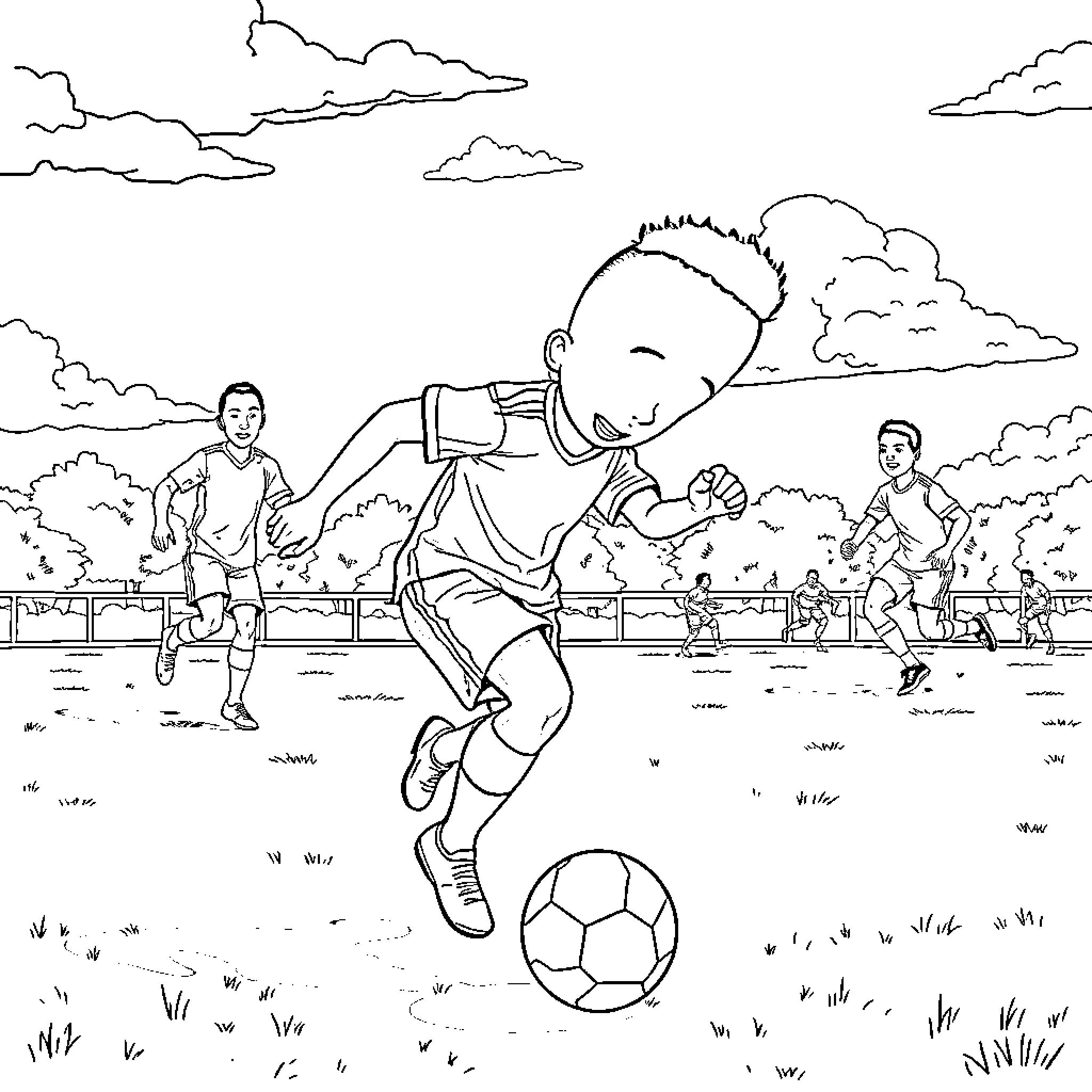 Labubu playing joyfully with friends on the soccer field Coloring Page (free black-and-white line drawing printable PDF for all, from beginners to advanced learners, including children, teens, adults, and seniors)