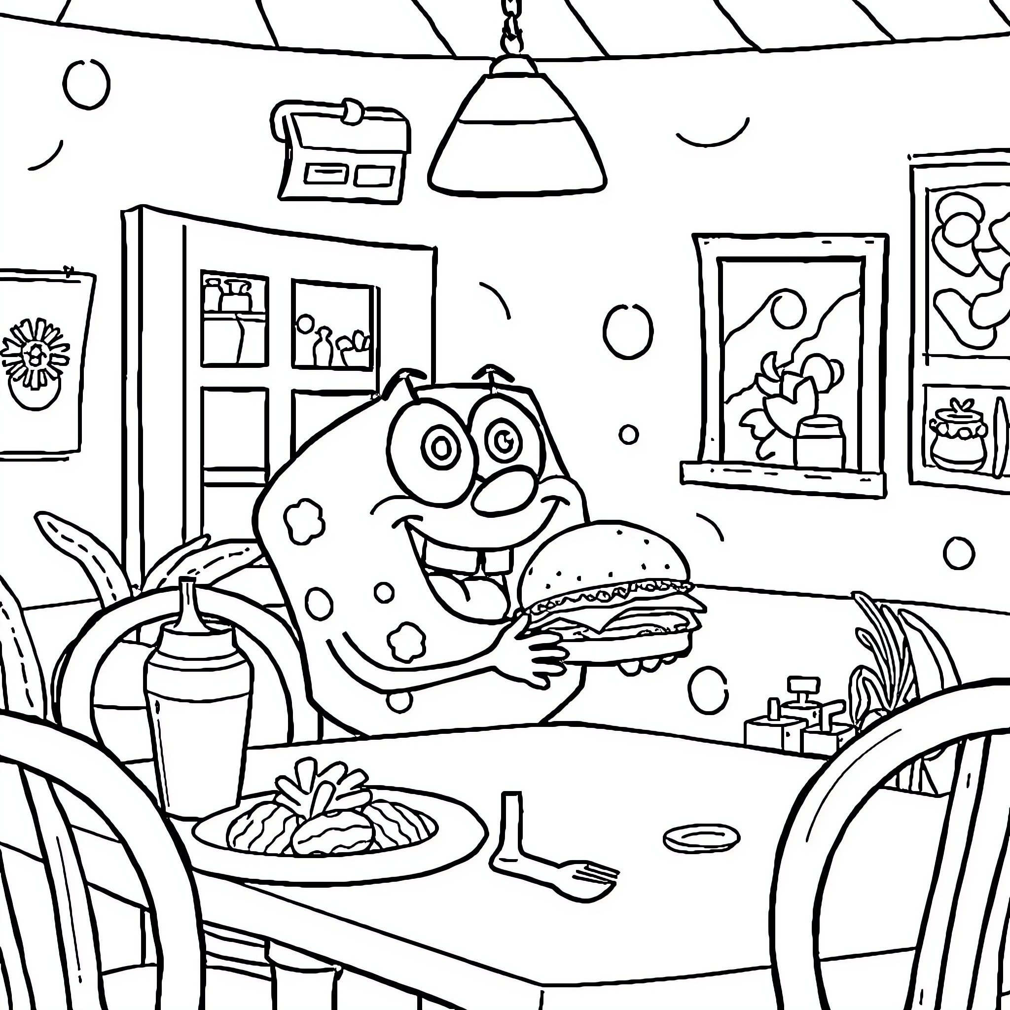 Bob esponja enjoying a delicious burger in his kitchen Coloring Page (free black-and-white line drawing printable PDF for all, from beginners to advanced learners, including children, teens, adults, and seniors)