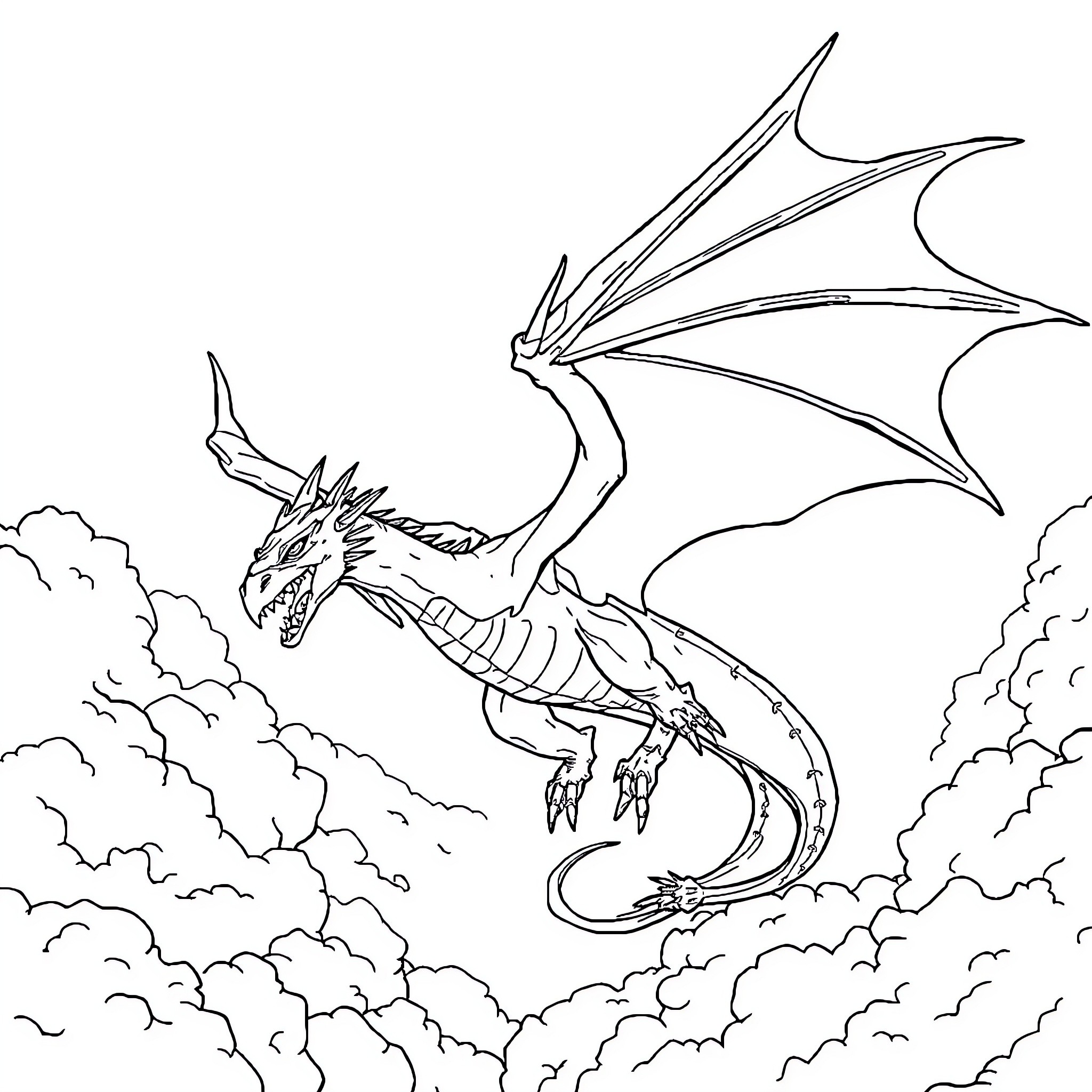 Flying Dragon Soaring Through Clouds Coloring Page (free black-and-white line drawing printable PDF for all, from beginners to advanced learners, including children, teens, adults, and seniors)