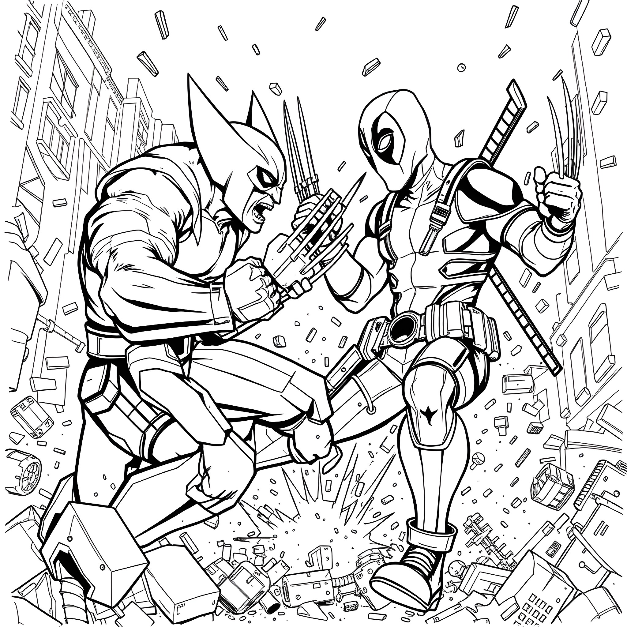 Wolverine vs. Deadpool - Intense Battle in City Ruins Coloring Page (free black-and-white line drawing printable PDF for all, from beginners to advanced learners, including children, teens, adults, and seniors)
