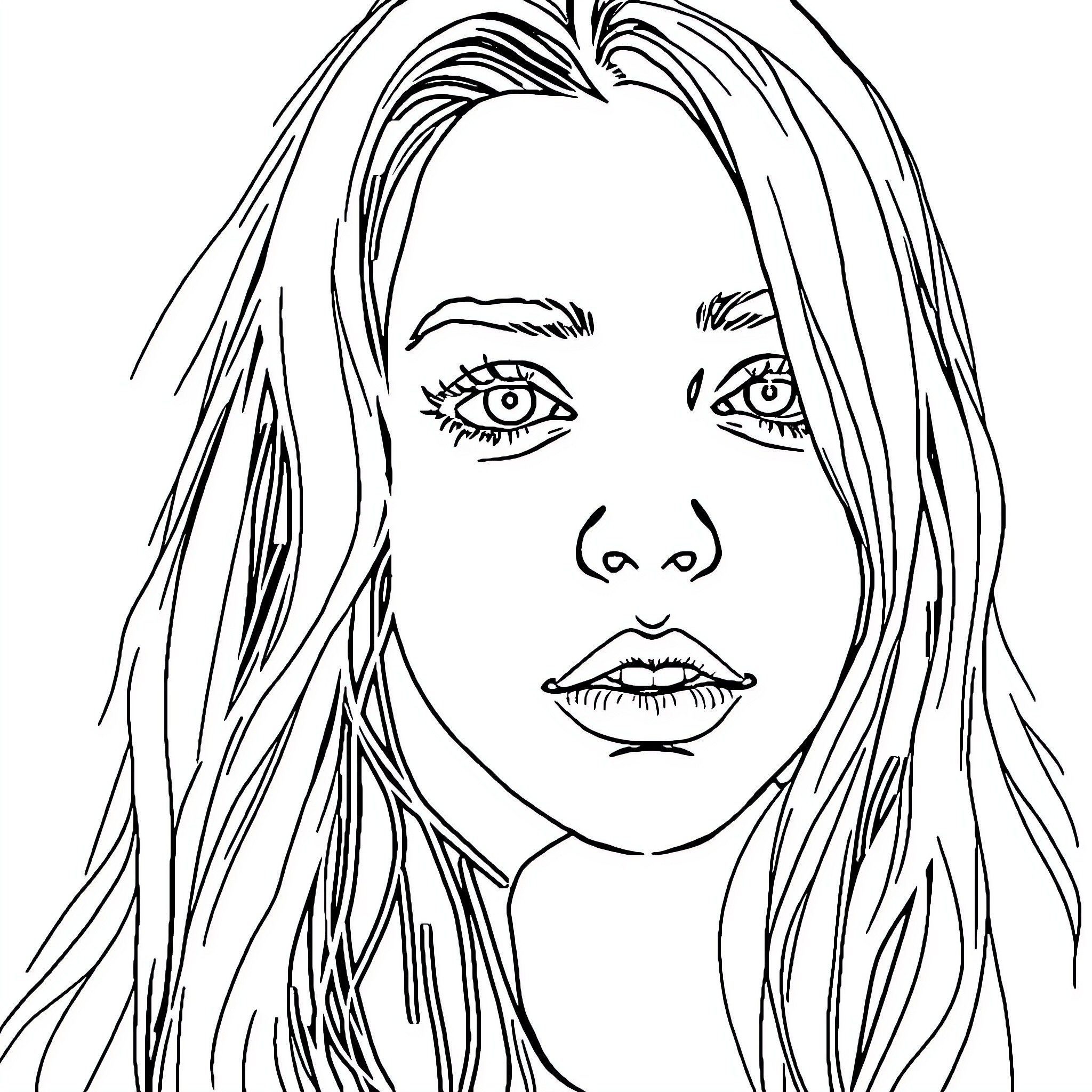 Billie Eilish - Portrait of a Thoughtful Expression Coloring Page (free black-and-white line drawing printable PDF for all, from beginners to advanced learners, including children, teens, adults, and seniors)