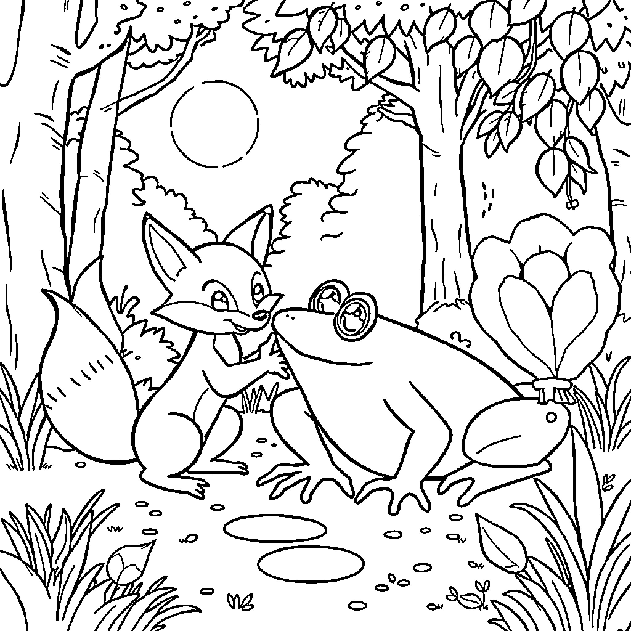 Fox and frog in a vibrant forest scene Coloring Page (free black-and-white line drawing printable PDF for all, from beginners to advanced learners, including children, teens, adults, and seniors)