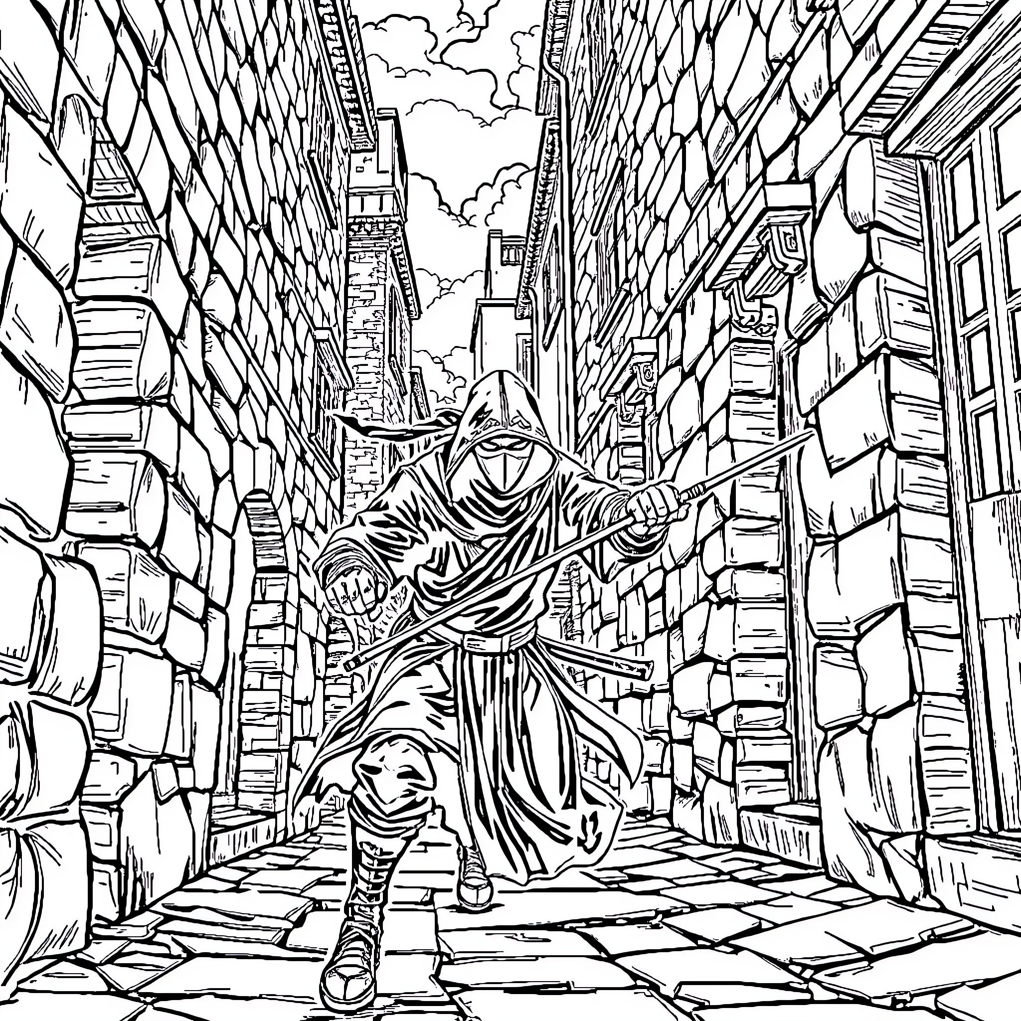 Ninja navigating the urban landscape Coloring Page (free black-and-white line drawing printable PDF for all, from beginners to advanced learners, including children, teens, adults, and seniors)