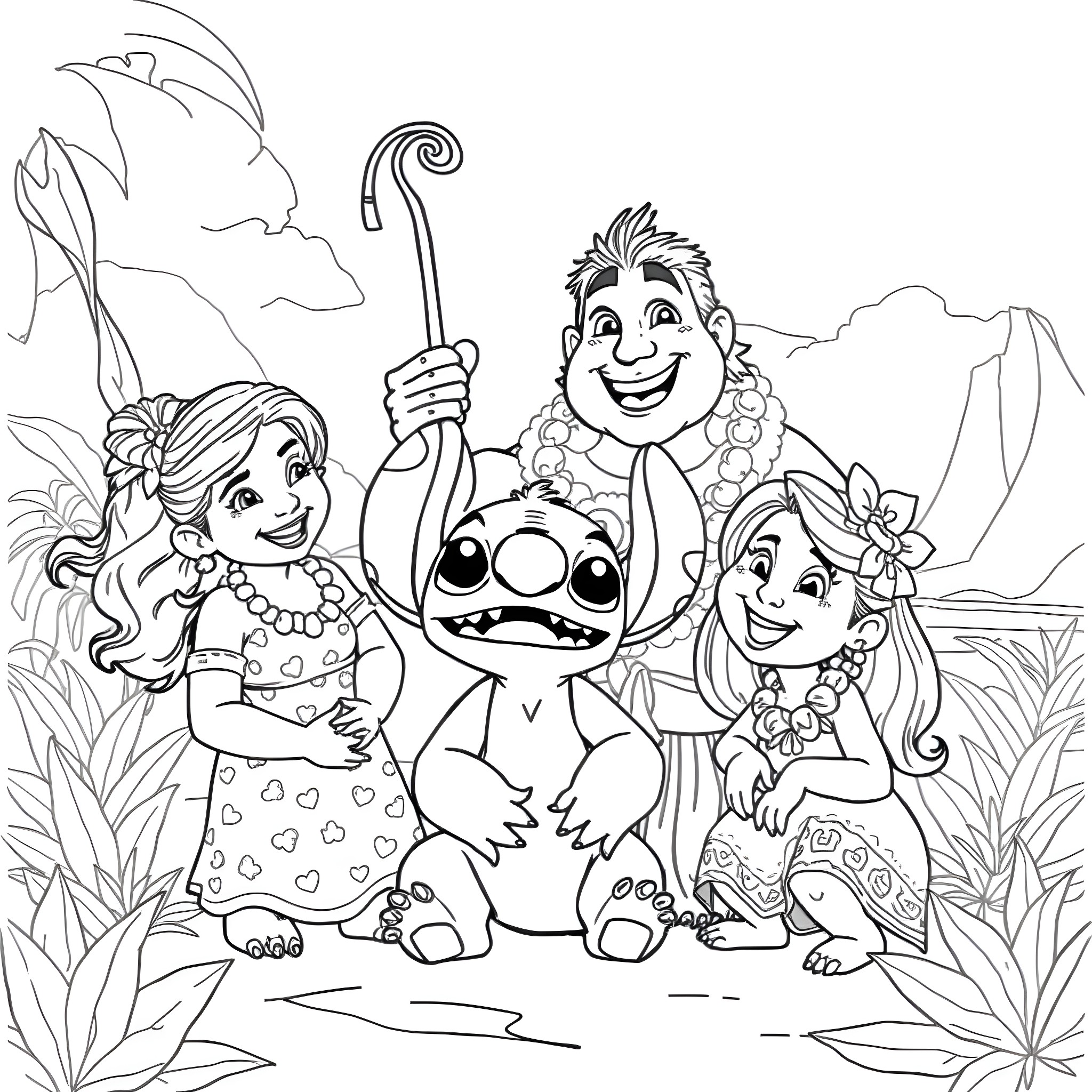 Lilo and Friends in a Tropical Adventure Coloring Page (free black-and-white line drawing printable PDF for all, from beginners to advanced learners, including children, teens, adults, and seniors)