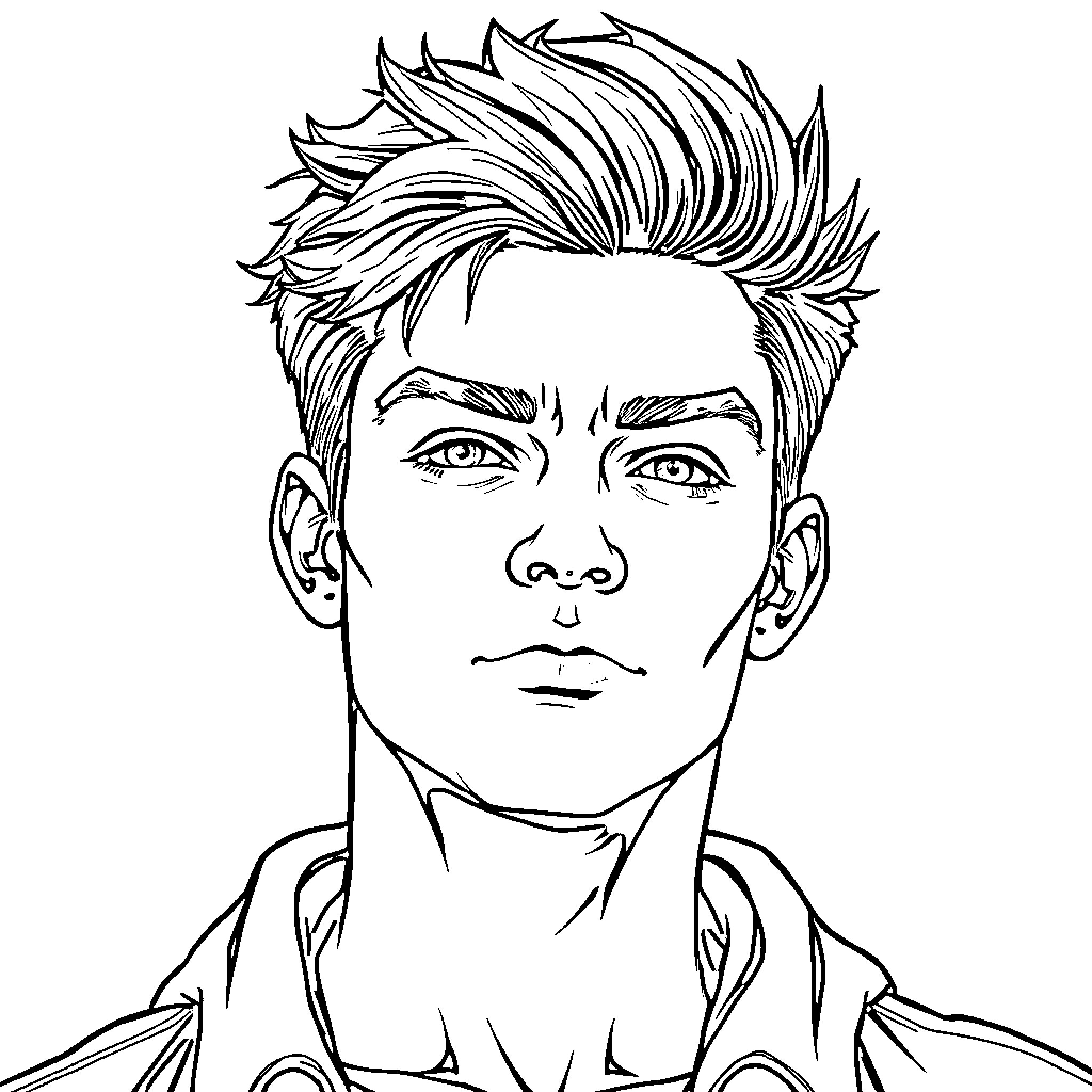 Teen Boy with Rebellious Hairstyle and Serious Expression Coloring Page (free black-and-white line drawing printable PDF for all, from beginners to advanced learners, including children, teens, adults, and seniors)