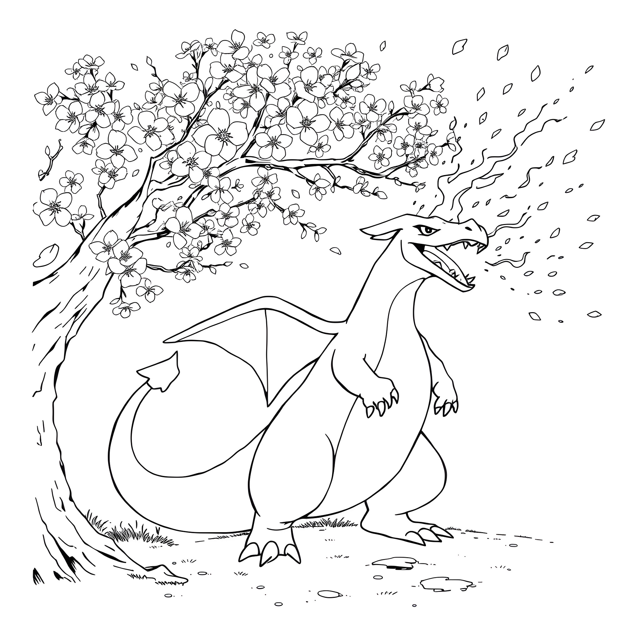 Charizard flying amidst blooming cherry blossom trees Coloring Page (free black-and-white line drawing printable PDF for all, from beginners to advanced learners, including children, teens, adults, and seniors)