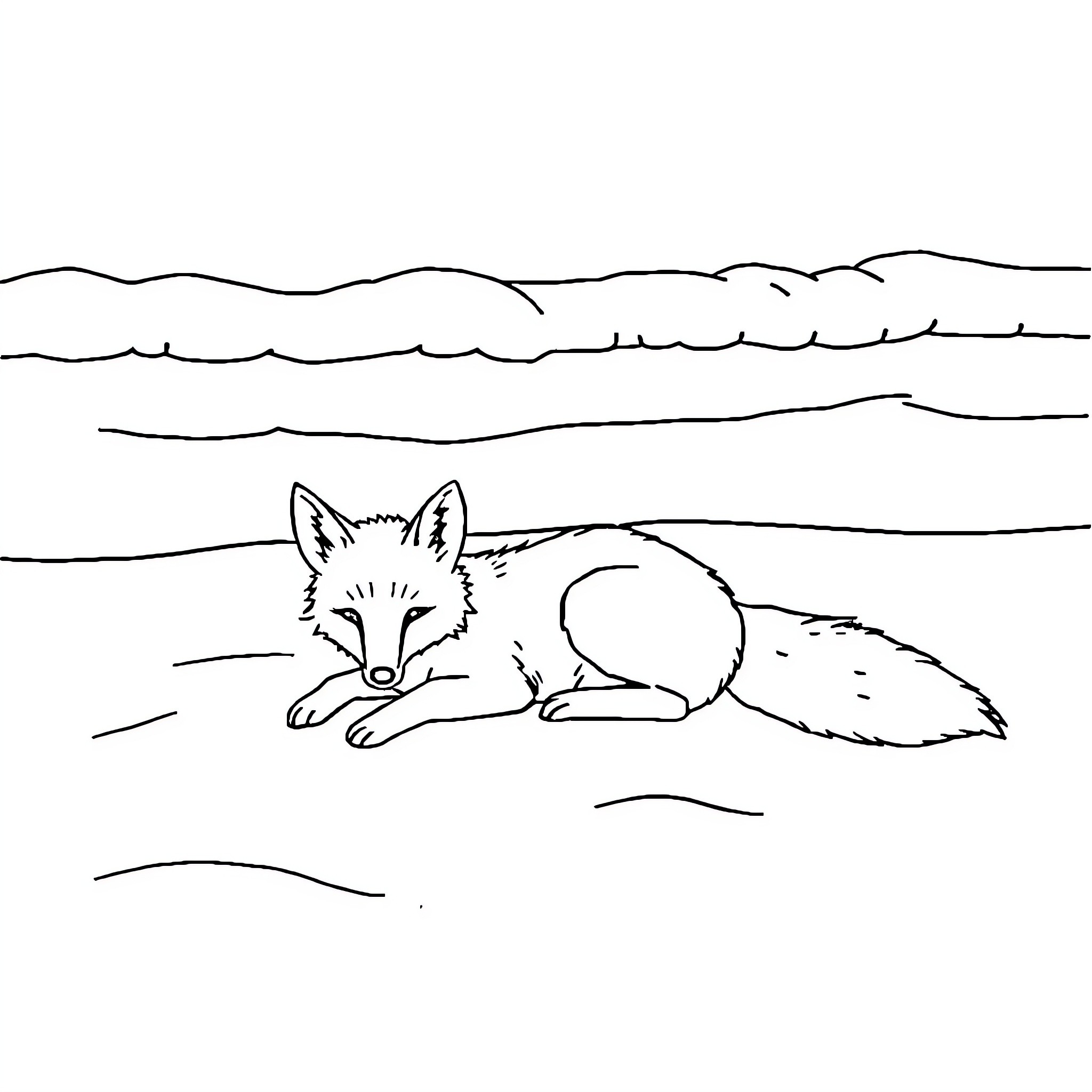 Fox resting calmly in natural environment Coloring Page (free black-and-white line drawing printable PDF for all, from beginners to advanced learners, including children, teens, adults, and seniors)