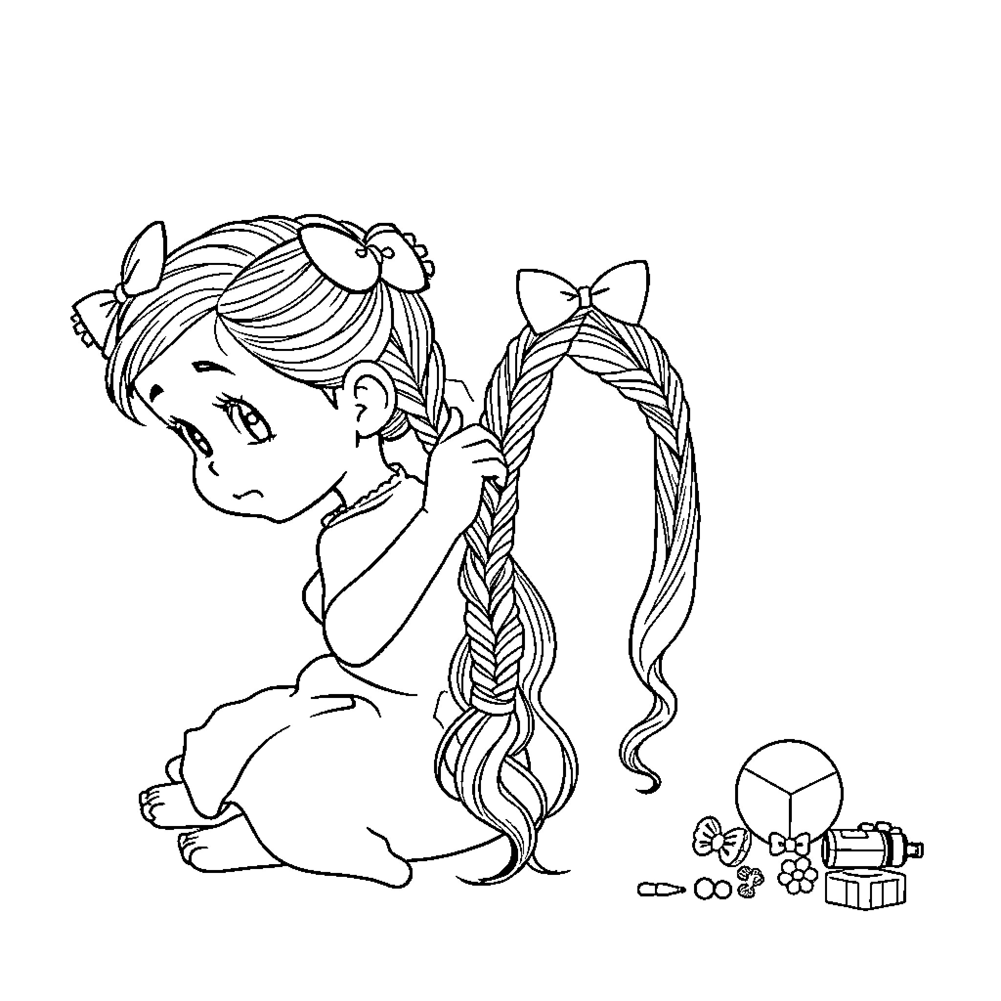 Sister's Playtime with Toys Coloring Page (free black-and-white line drawing printable PDF for all, from beginners to advanced learners, including children, teens, adults, and seniors)