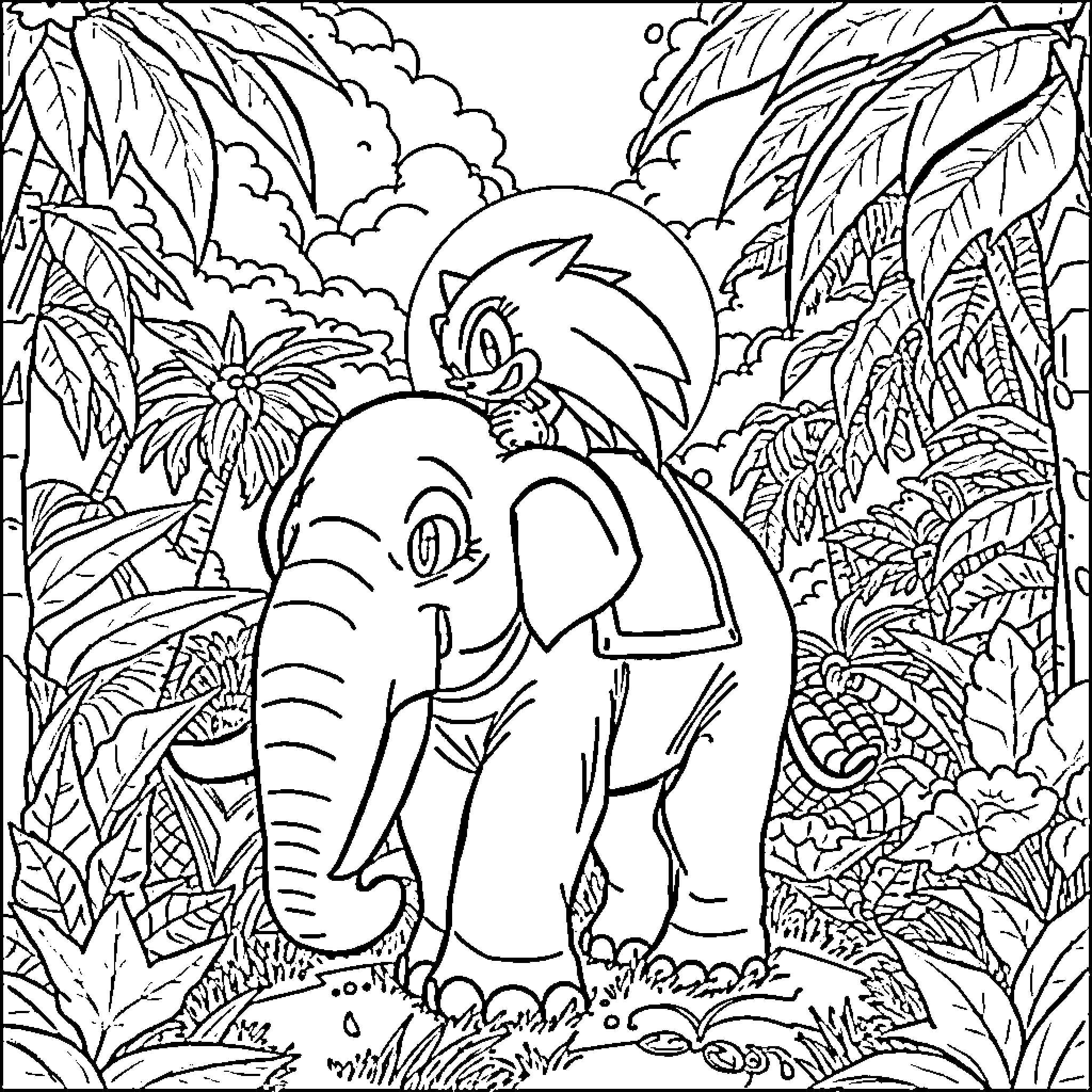 Sonic characters exploring tropical jungle scenery Coloring Page (free black-and-white line drawing printable PDF for all, from beginners to advanced learners, including children, teens, adults, and seniors)