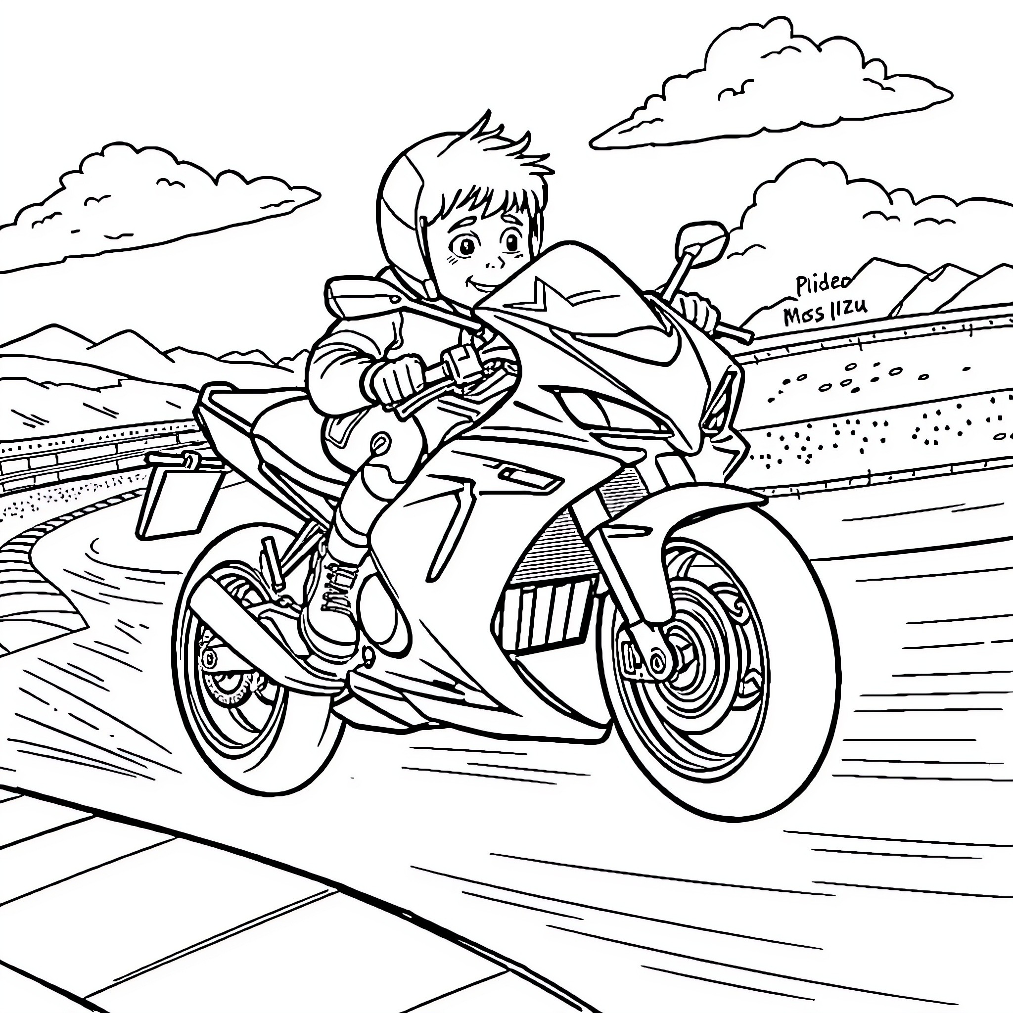 Boy riding motorcycle through scenic road Coloring Page (free black-and-white line drawing printable PDF for all, from beginners to advanced learners, including children, teens, adults, and seniors)