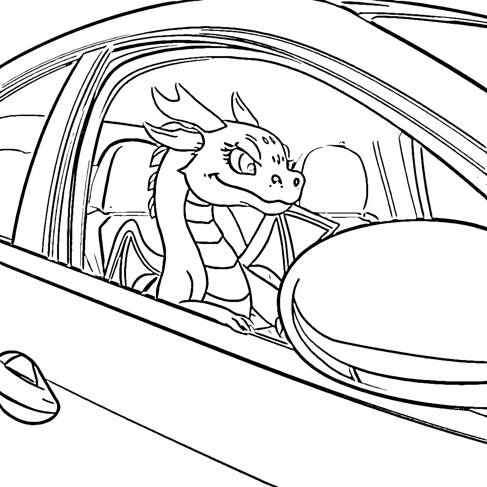 Dragon riding excitedly in a car Coloring Page (free black-and-white line drawing printable PDF for all, from beginners to advanced learners, including children, teens, adults, and seniors)