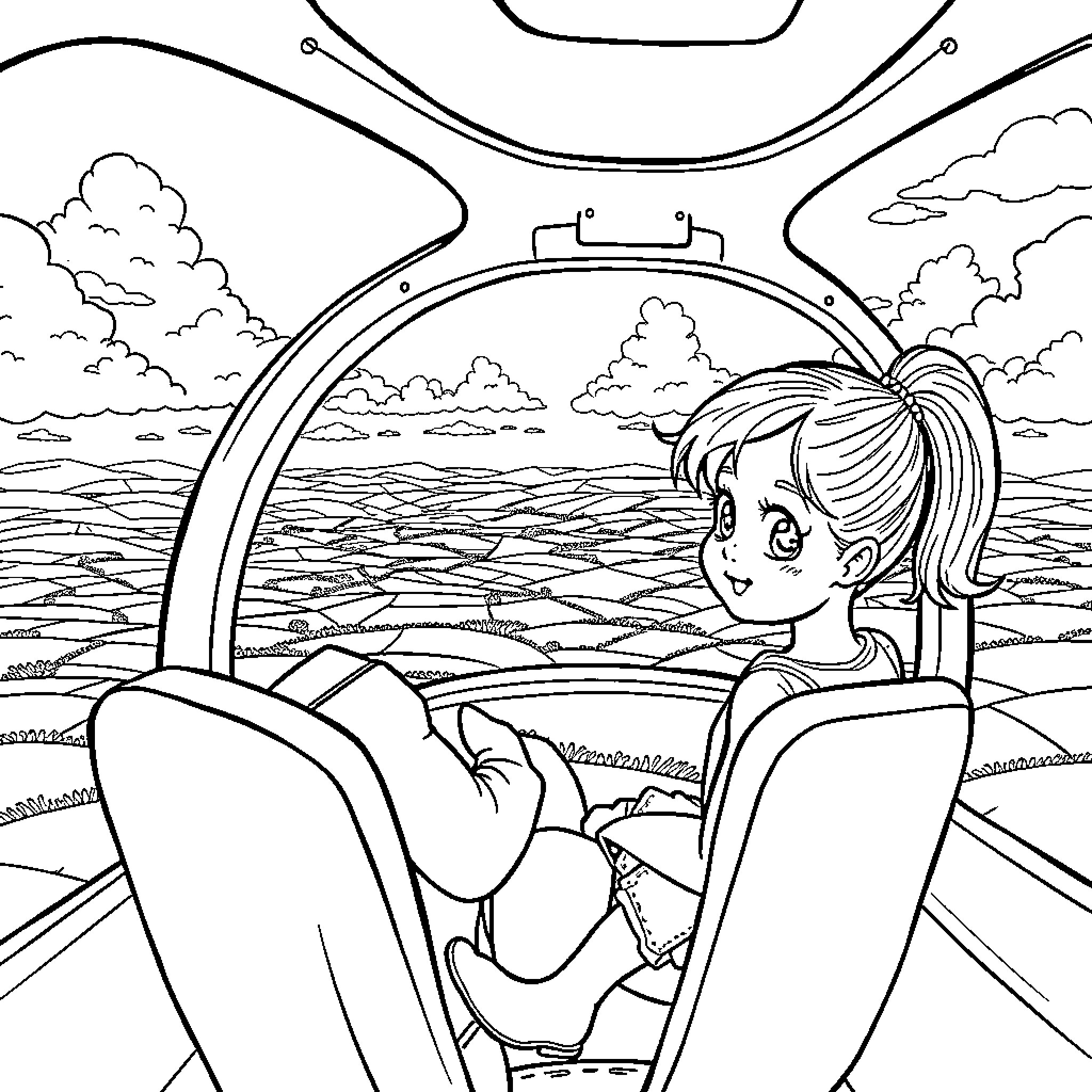 Girl riding in a car with scenic view Coloring Page (free black-and-white line drawing printable PDF for all, from beginners to advanced learners, including children, teens, adults, and seniors)