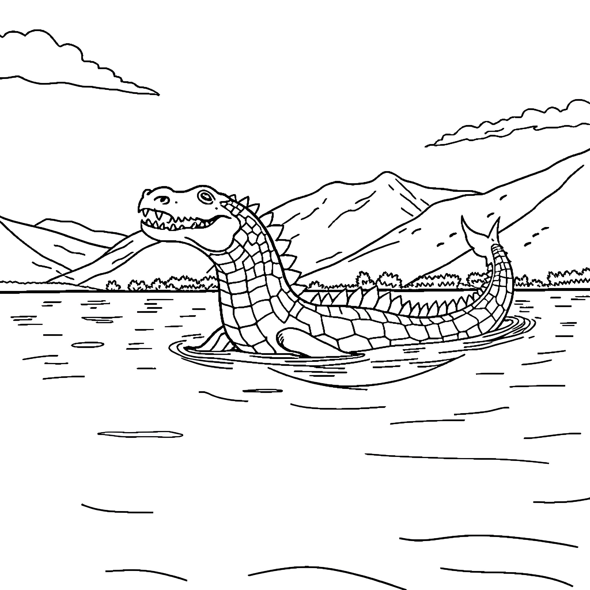 Ogopogo swimming in the lake with mountains Coloring Page (free black-and-white line drawing printable PDF for all, from beginners to advanced learners, including children, teens, adults, and seniors)