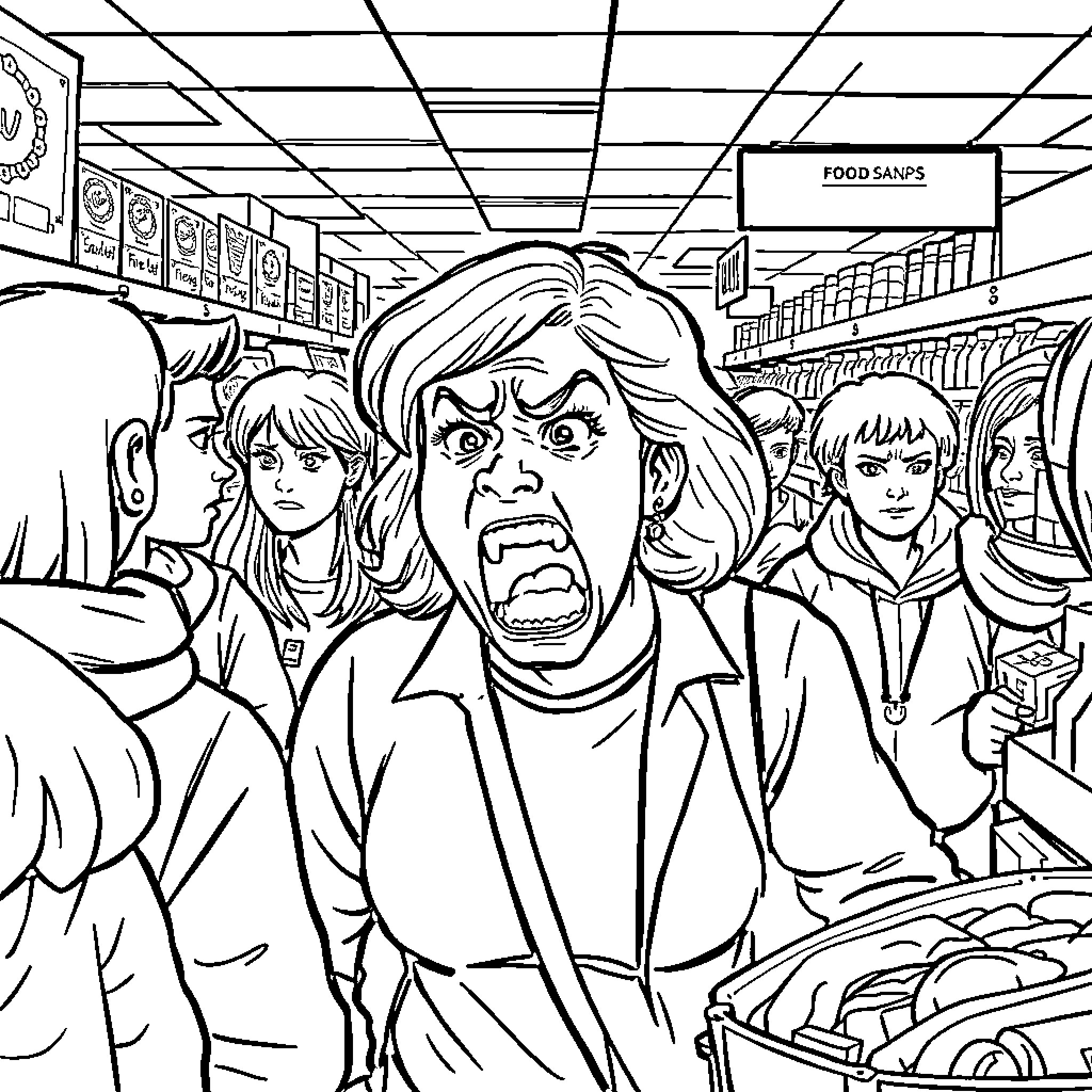 Lady's Distressed Expression in a Crowded Supermarket Coloring Page (free black-and-white line drawing printable PDF for all, from beginners to advanced learners, including children, teens, adults, and seniors)