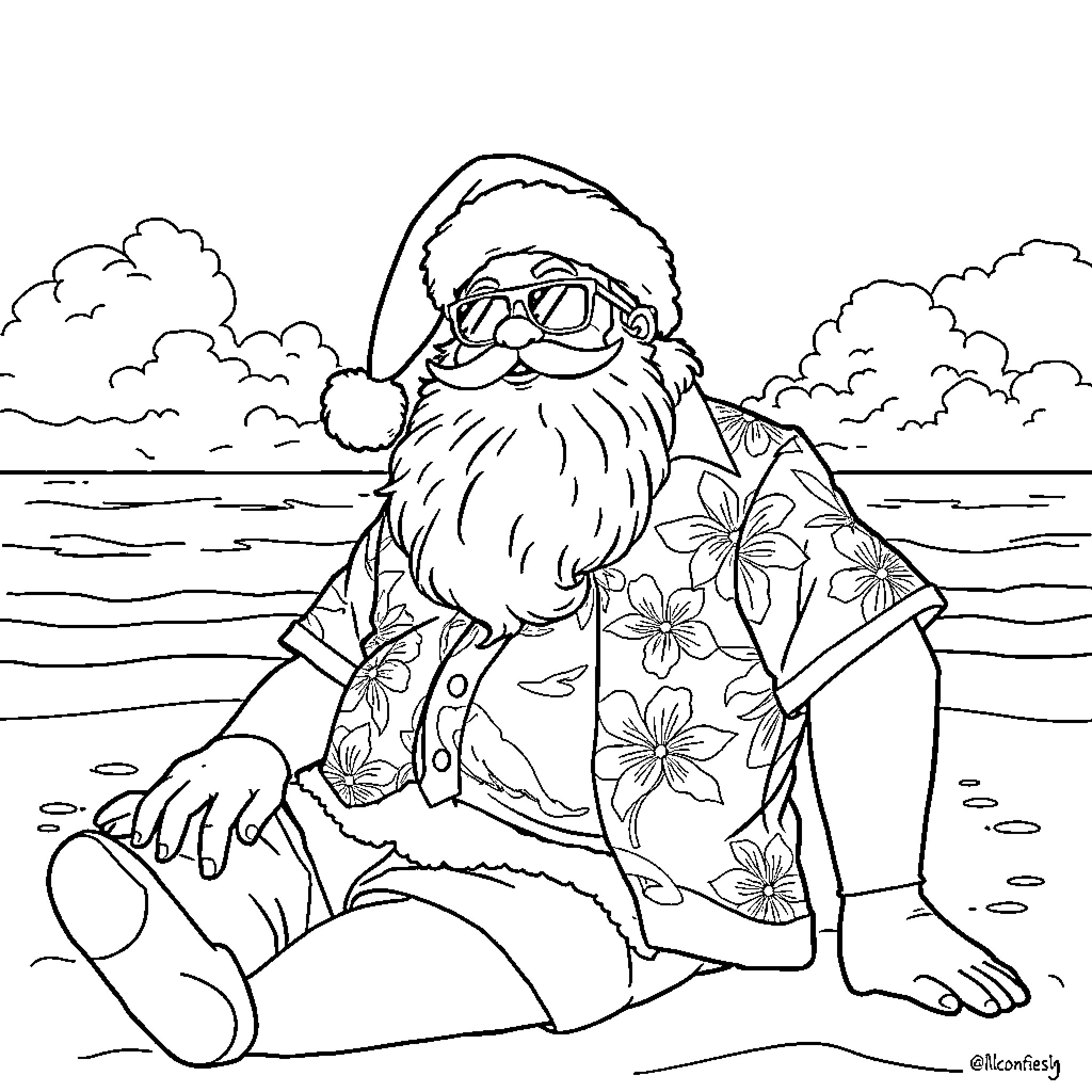 Santa relaxing on the beach with tropical flowers Coloring Page (free black-and-white line drawing printable PDF for all, from beginners to advanced learners, including children, teens, adults, and seniors)