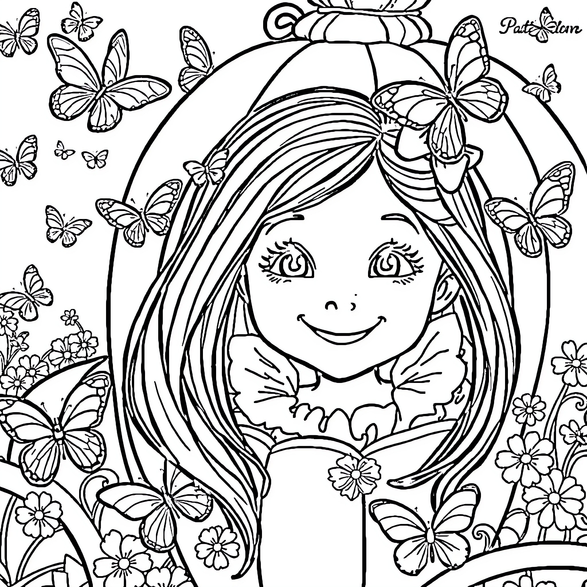 Cinderella surrounded by butterflies and flowers Coloring Page (free black-and-white line drawing printable PDF for all, from beginners to advanced learners, including children, teens, adults, and seniors)