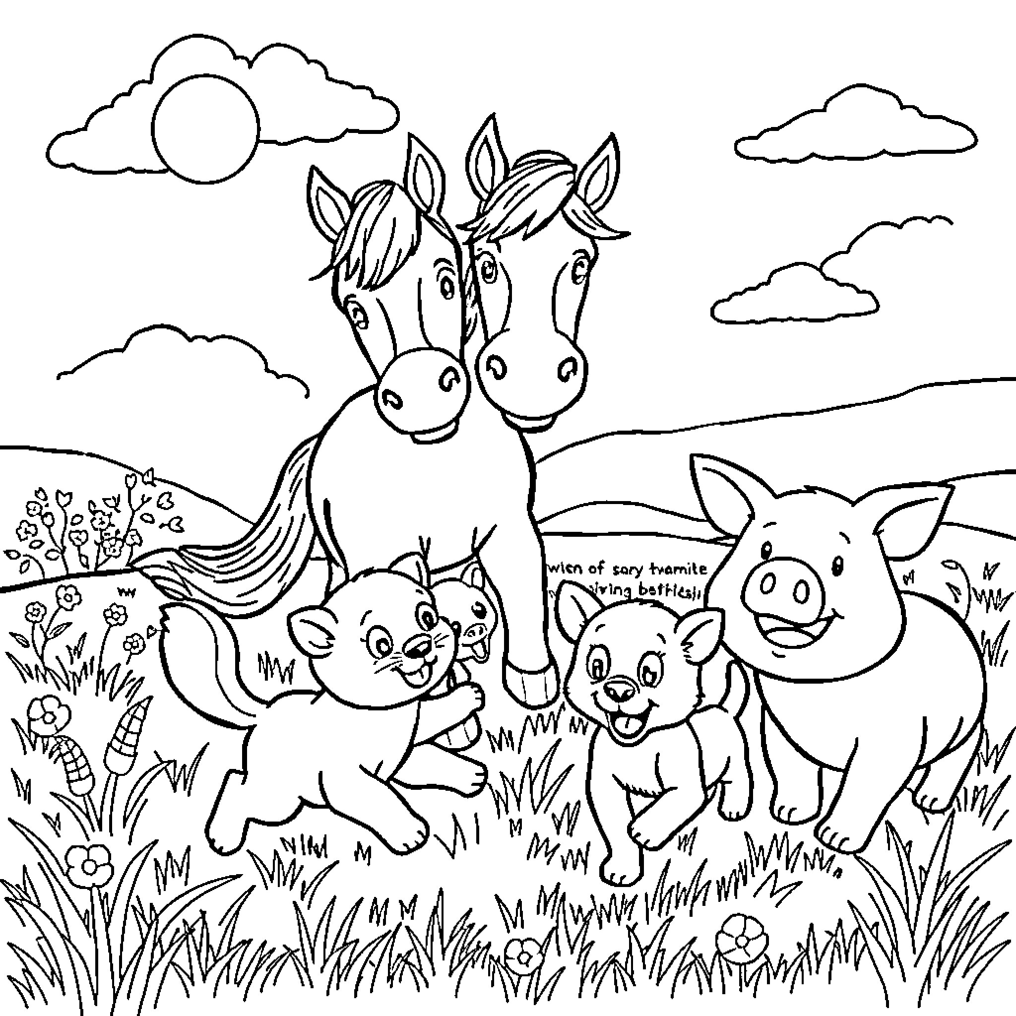 Kitten and animal friends in the countryside Coloring Page (free black-and-white line drawing printable PDF for all, from beginners to advanced learners, including children, teens, adults, and seniors)