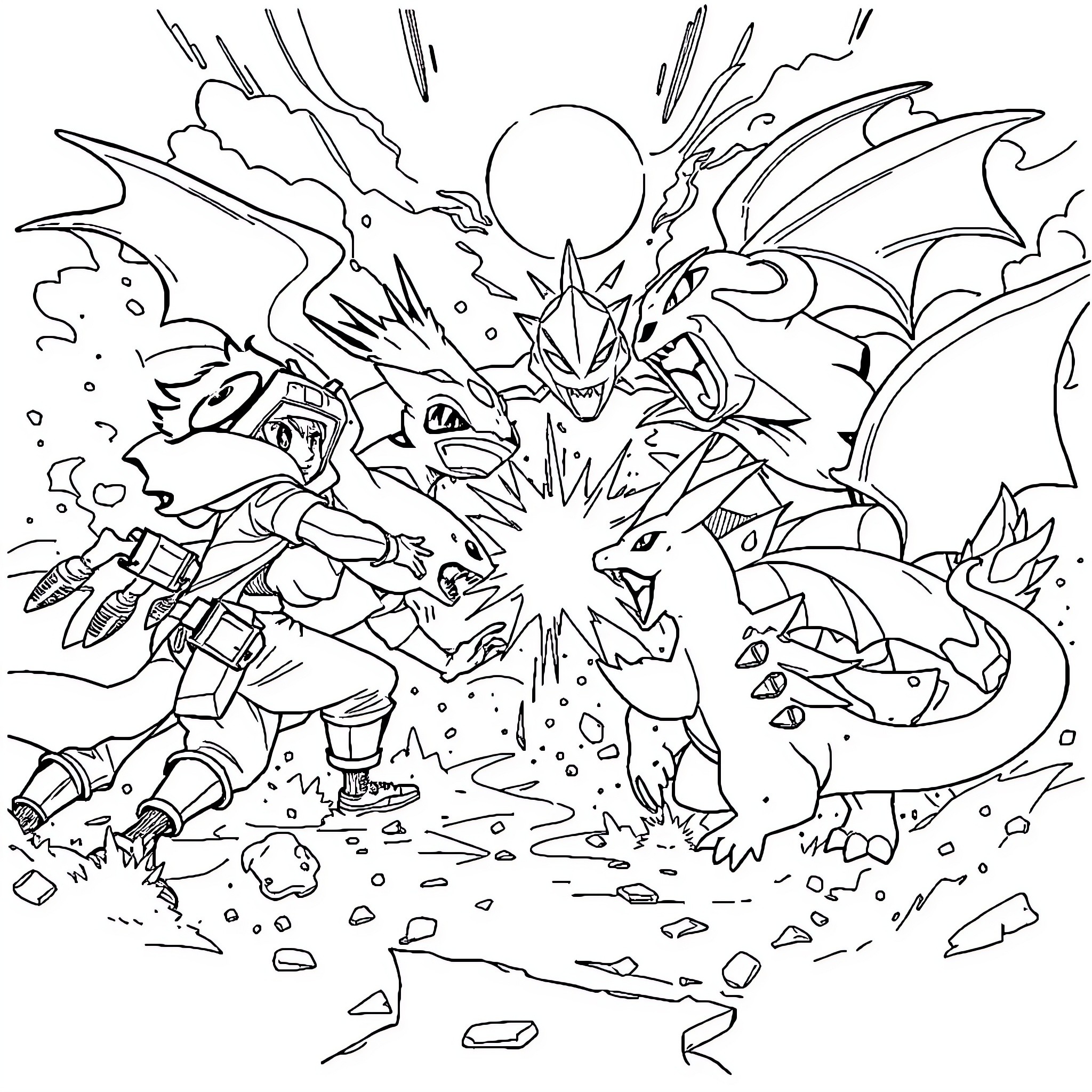 Pokémon Trainer Battling Fierce Pokémon Foes Coloring Page (free black-and-white line drawing printable PDF for all, from beginners to advanced learners, including children, teens, adults, and seniors)