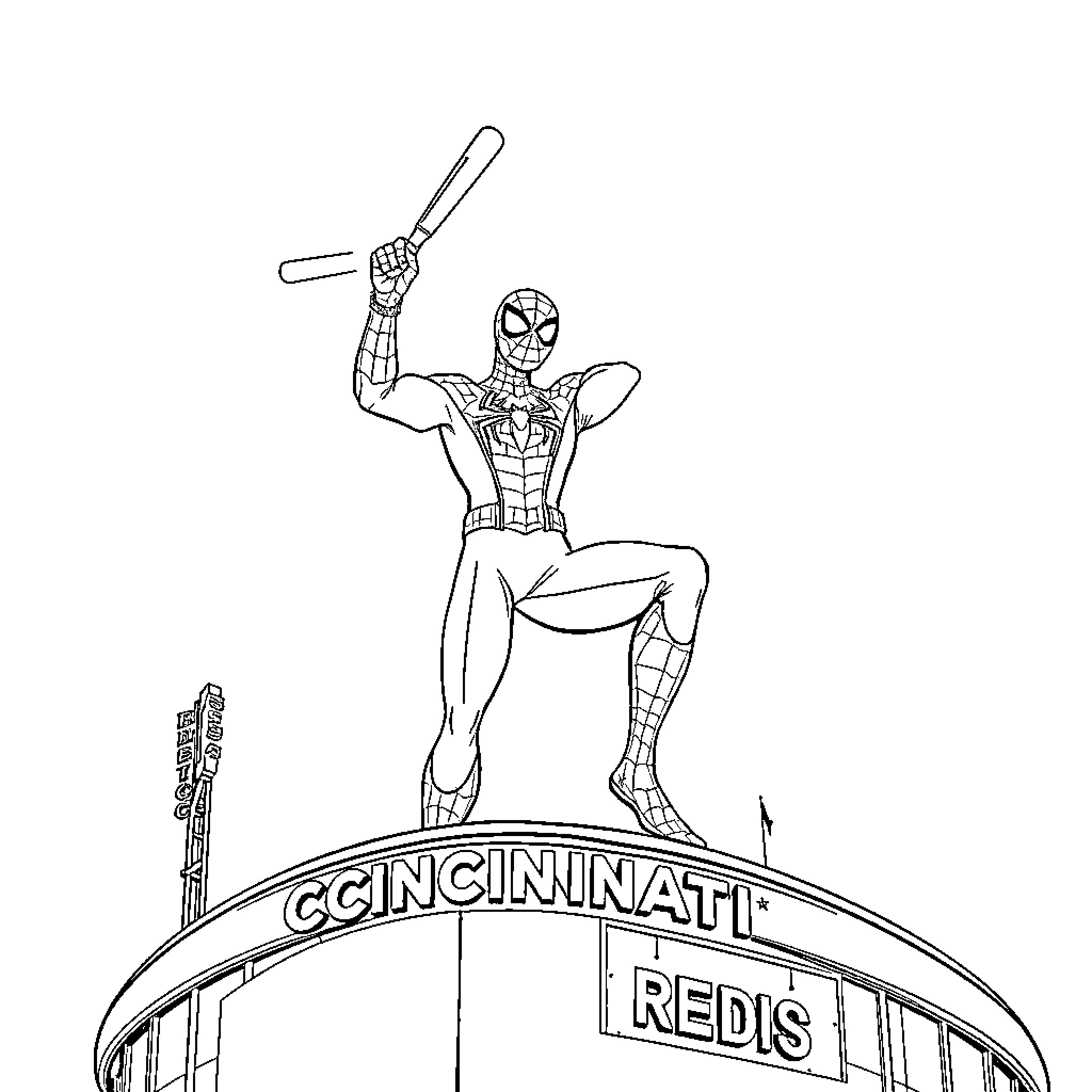Spider-Man defending Cincinnati Reds stadium Coloring Page (free black-and-white line drawing printable PDF for all, from beginners to advanced learners, including children, teens, adults, and seniors)