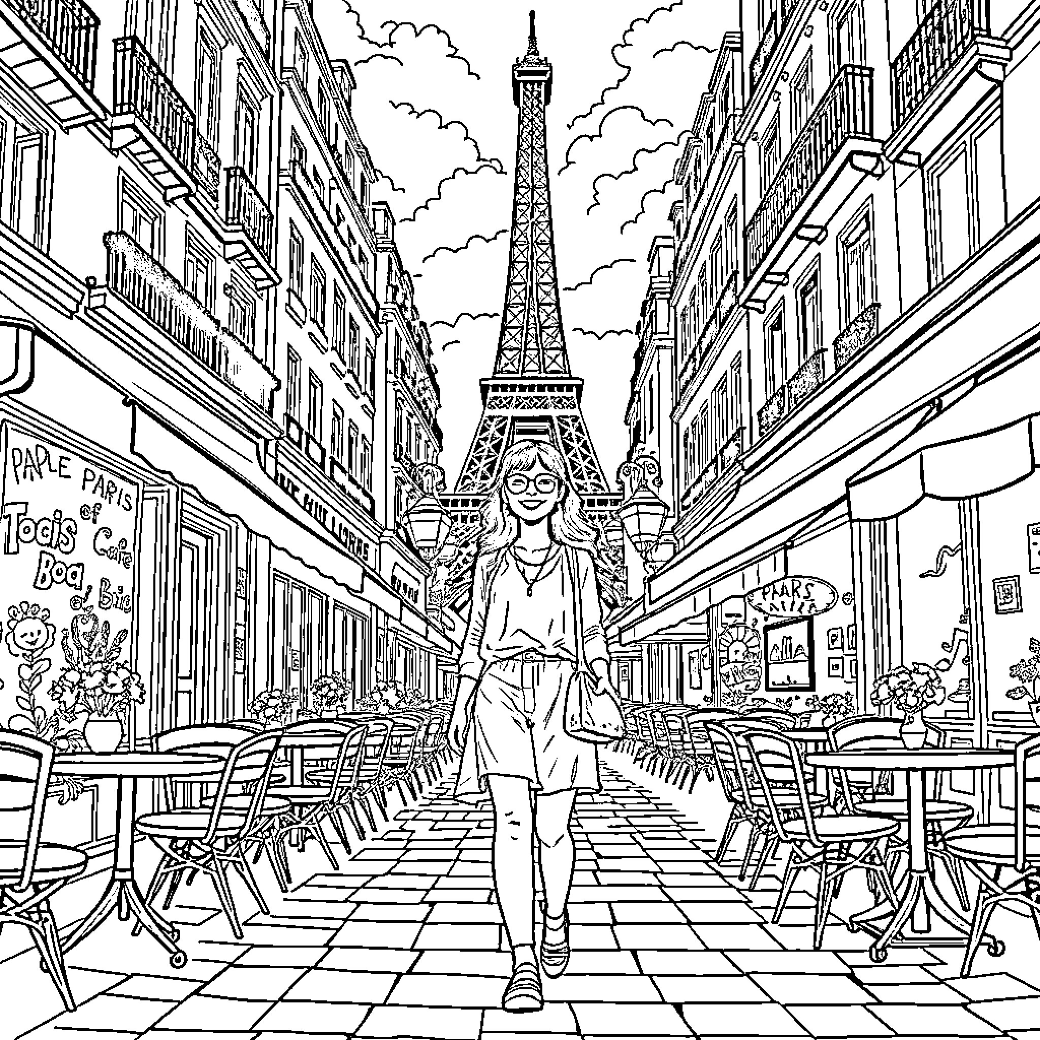 Mafalda's Parisian Adventure Coloring Page (free black-and-white line drawing printable PDF for all, from beginners to advanced learners, including children, teens, adults, and seniors)