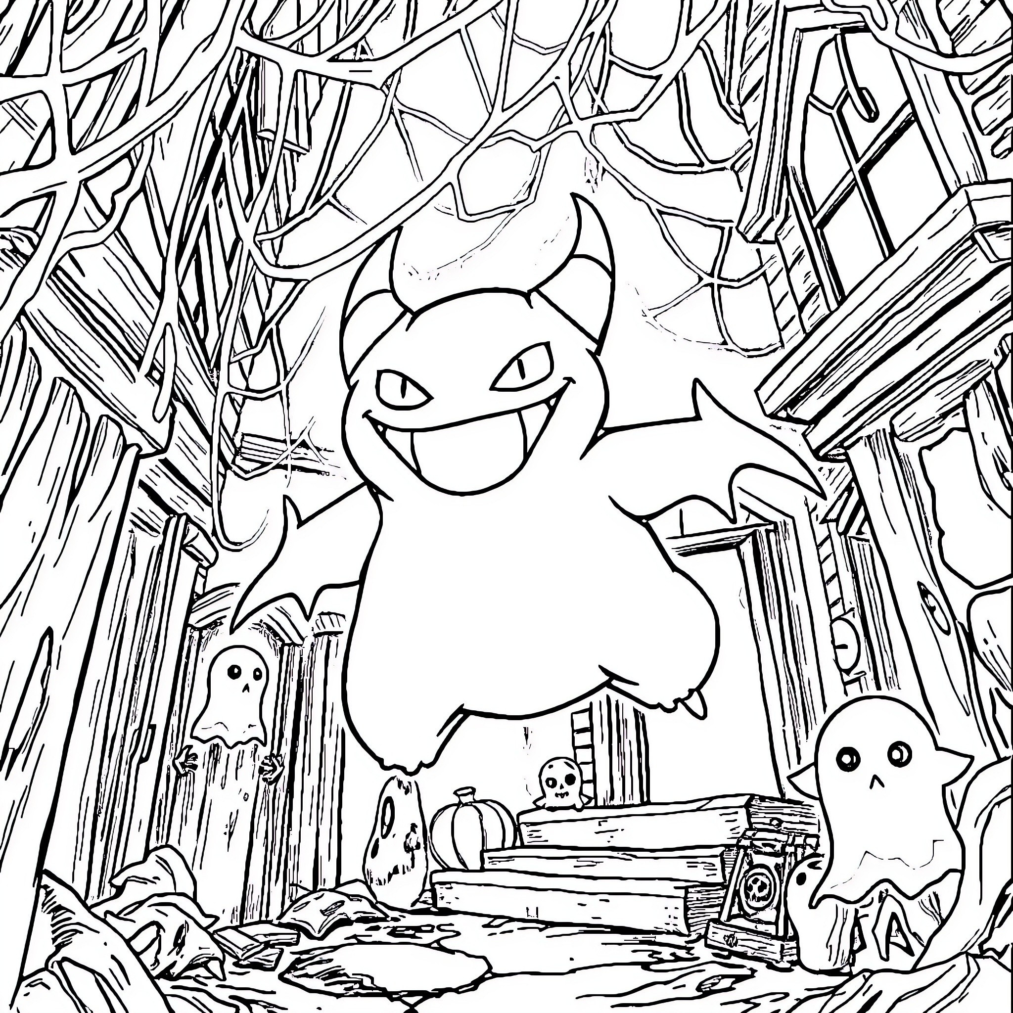 Gengar mischievously haunting a spooky forest Coloring Page (free black-and-white line drawing printable PDF for all, from beginners to advanced learners, including children, teens, adults, and seniors)
