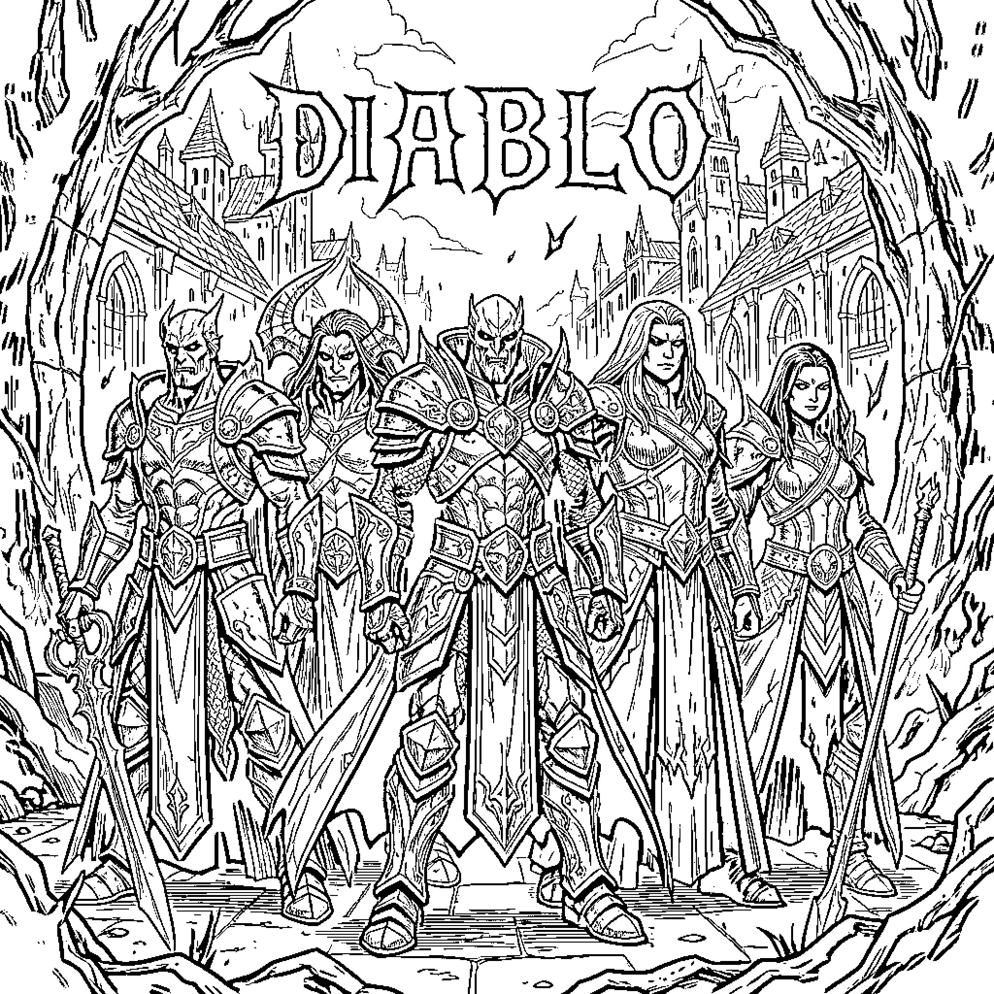 Diablo warriors standing together in ornate armor Coloring Page (free black-and-white line drawing printable PDF for all, from beginners to advanced learners, including children, teens, adults, and seniors)