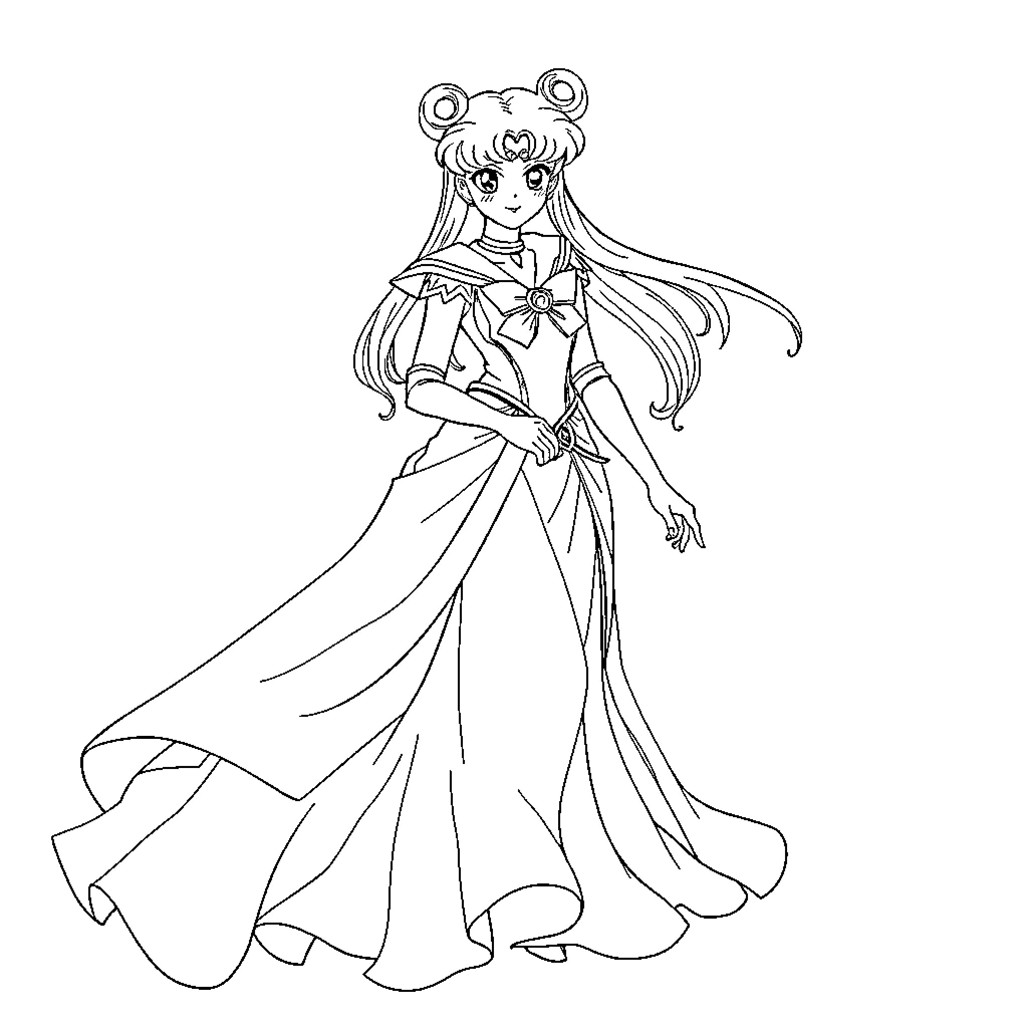 Sailor Moon in elegant princess gown Coloring Page (free black-and-white line drawing printable PDF for all, from beginners to advanced learners, including children, teens, adults, and seniors)