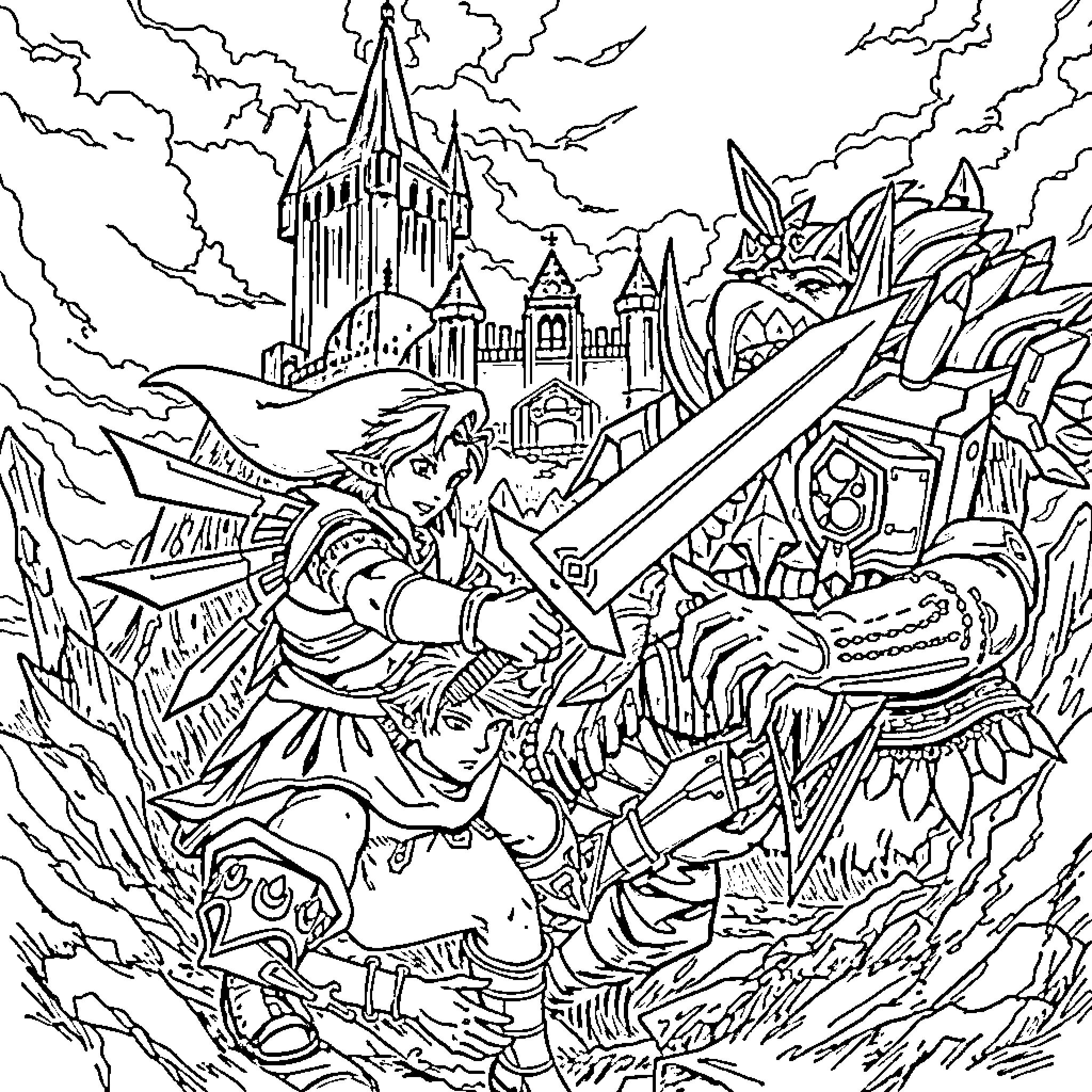 Link's Adventure in a Fantastical World Coloring Page (free black-and-white line drawing printable PDF for all, from beginners to advanced learners, including children, teens, adults, and seniors)