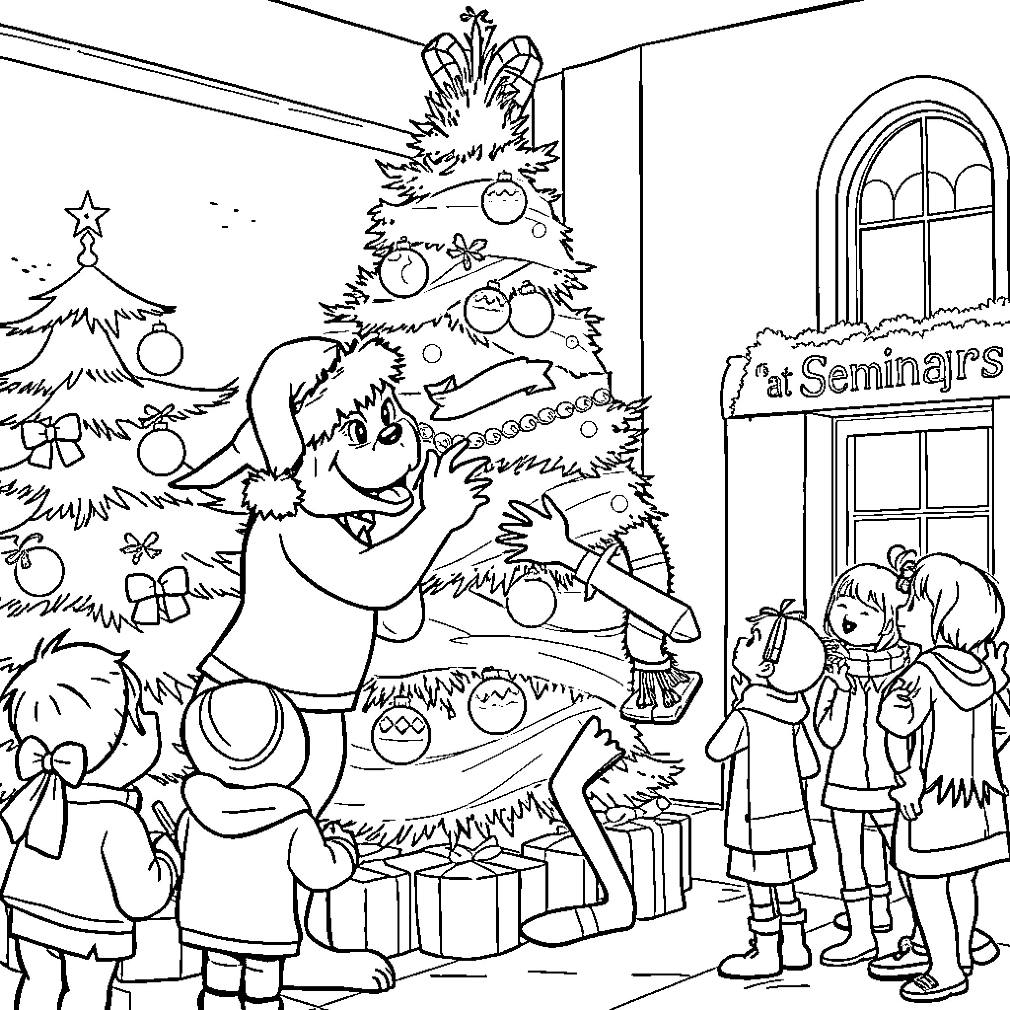 Bulldog decorating a Christmas tree with children Coloring Page (free black-and-white line drawing printable PDF for all, from beginners to advanced learners, including children, teens, adults, and seniors)