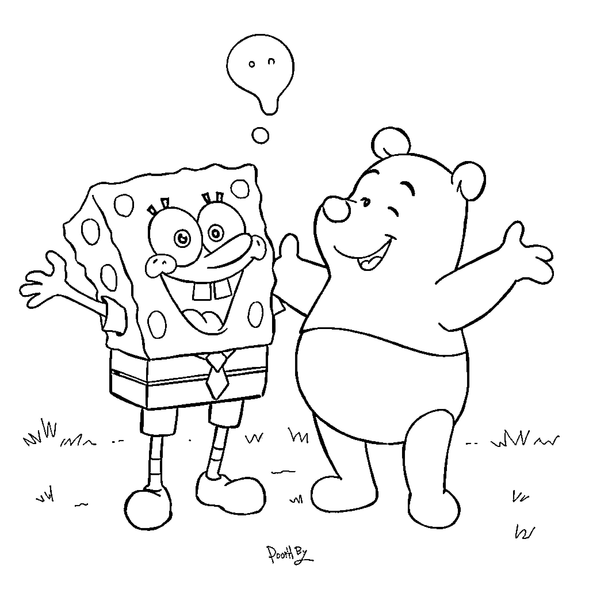 Spongebob and Winnie the Pooh playing together Coloring Page (free black-and-white line drawing printable PDF for all, from beginners to advanced learners, including children, teens, adults, and seniors)