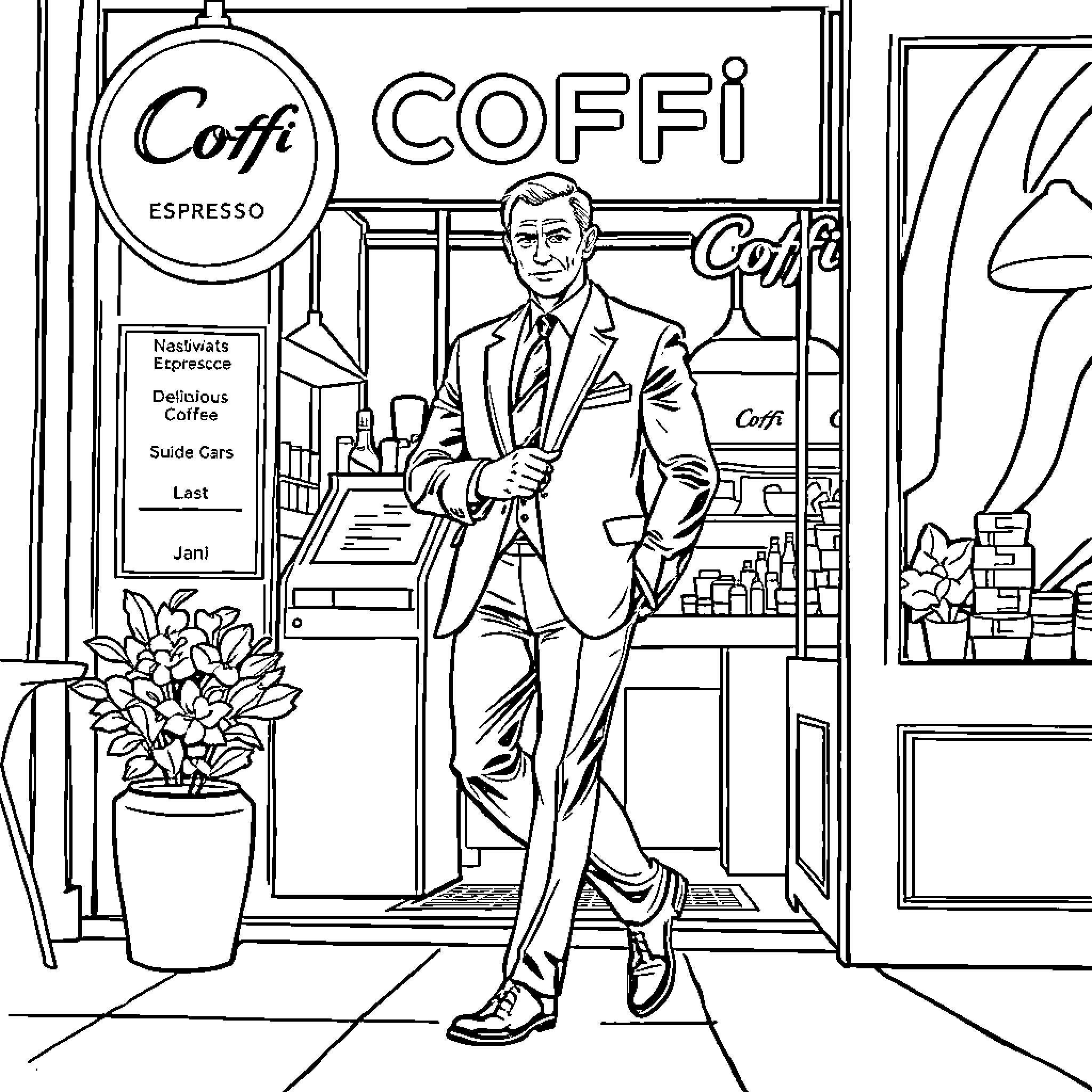 James Bond in a Coffi Espresso Cafe Coloring Page (free black-and-white line drawing printable PDF for all, from beginners to advanced learners, including children, teens, adults, and seniors)