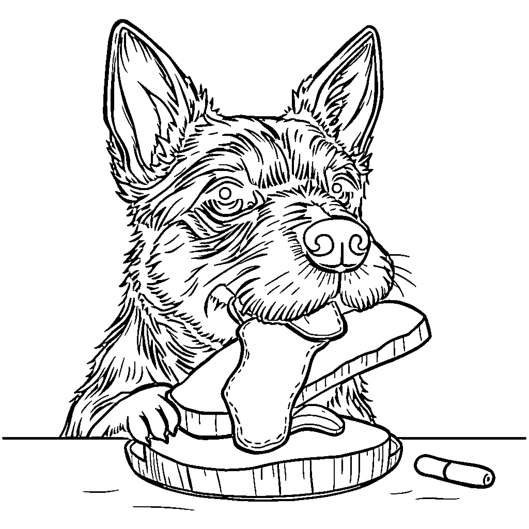 Dog playing with chew toy Coloring Page (free black-and-white line drawing printable PDF for all, from beginners to advanced learners, including children, teens, adults, and seniors)
