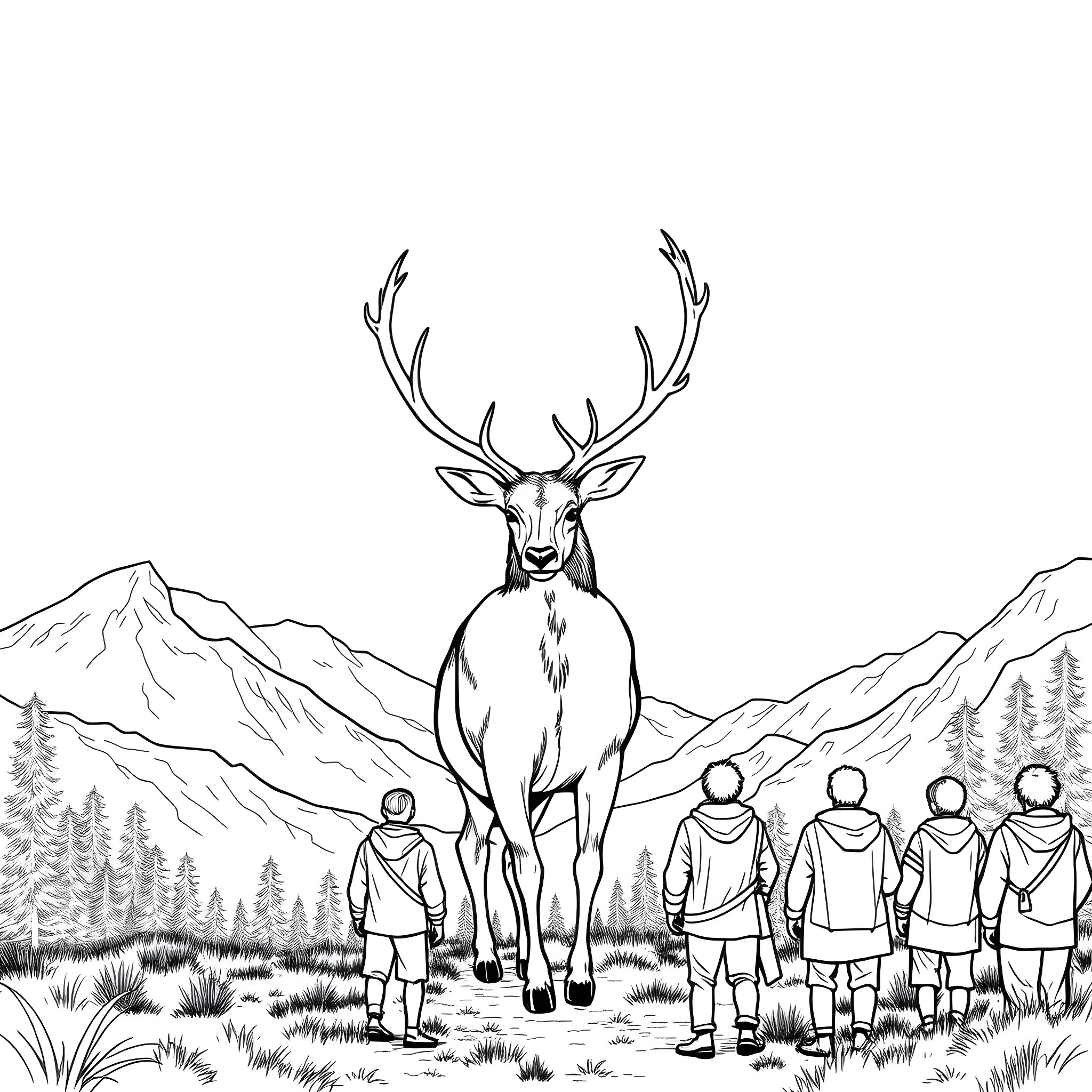 Deer standing tall among people in the wilderness Coloring Page (free black-and-white line drawing printable PDF for all, from beginners to advanced learners, including children, teens, adults, and seniors)
