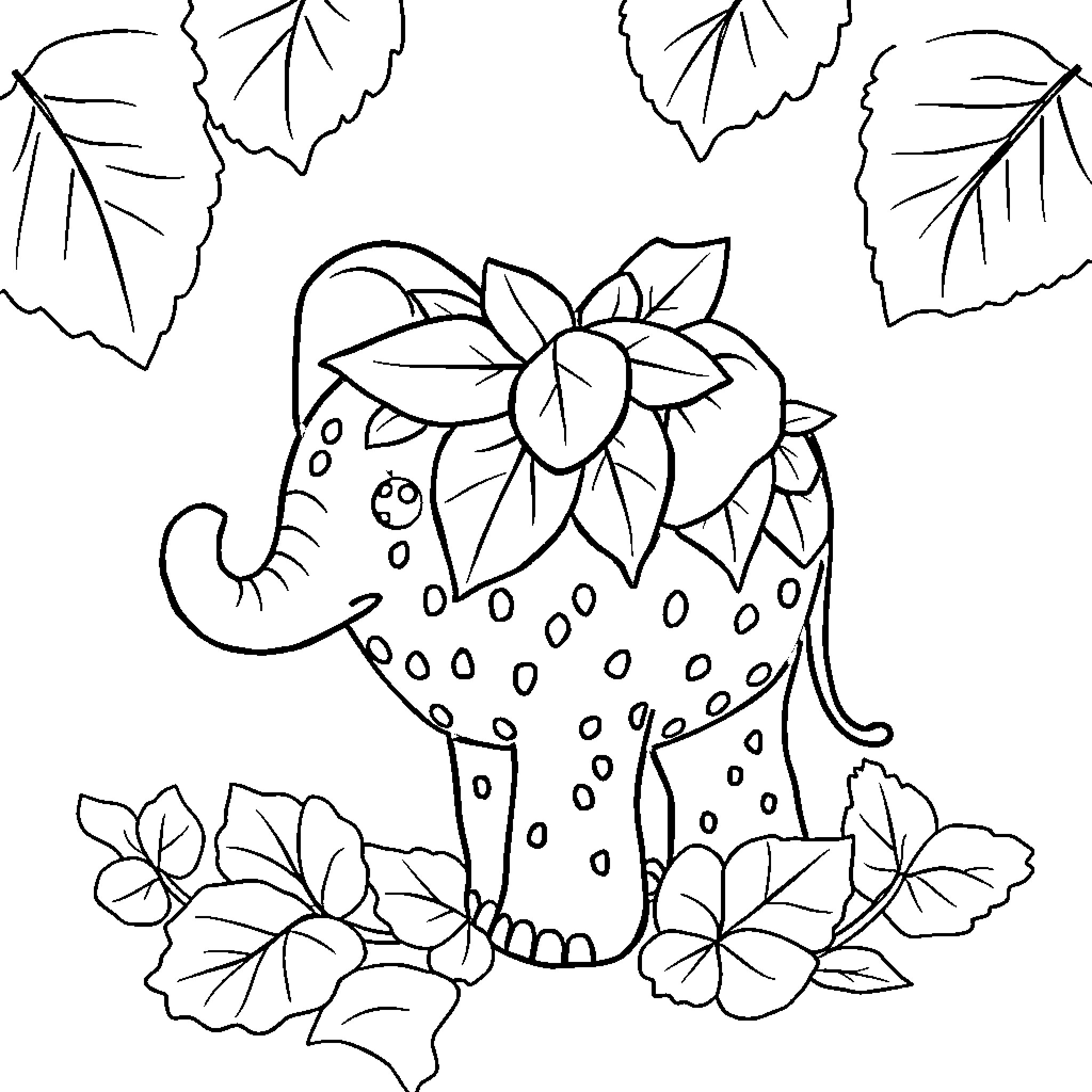 Strawberry Elephant with Floral Decorations Coloring Page (free black-and-white line drawing printable PDF for all, from beginners to advanced learners, including children, teens, adults, and seniors)
