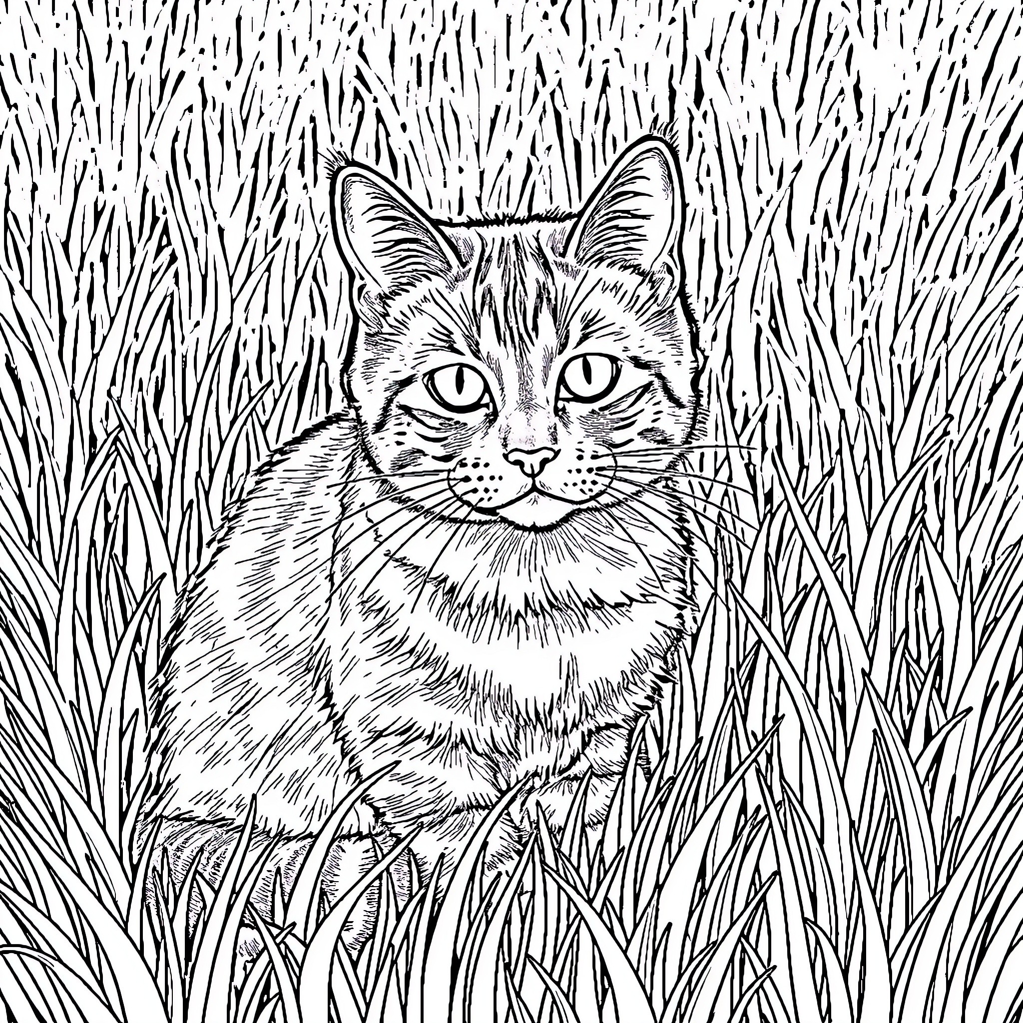 Cat Peeking Through Tall Grass Coloring Page (free black-and-white line drawing printable PDF for all, from beginners to advanced learners, including children, teens, adults, and seniors)