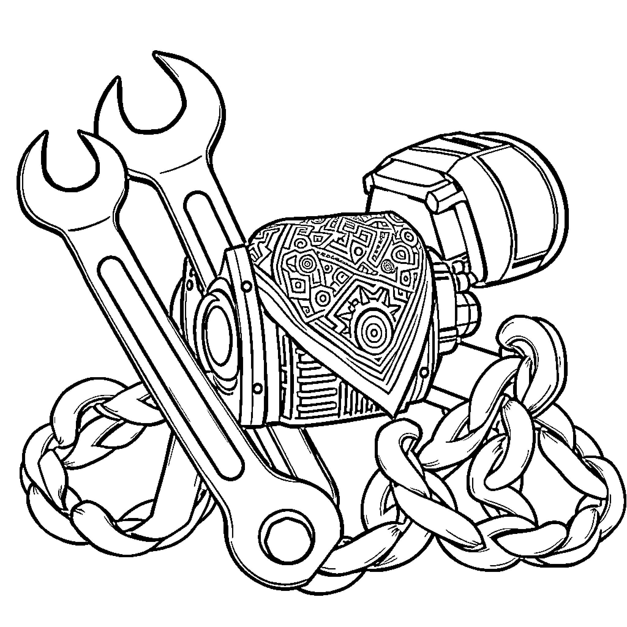 Wrench and Mechanical Tools in Abstract Pattern Coloring Page (free black-and-white line drawing printable PDF for all, from beginners to advanced learners, including children, teens, adults, and seniors)