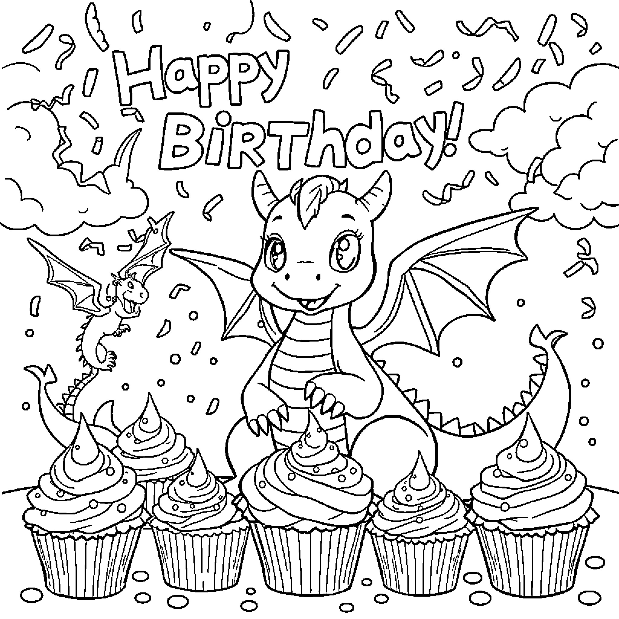 Dragon celebrating a Happy Birthday with cupcakes Coloring Page (free black-and-white line drawing printable PDF for all, from beginners to advanced learners, including children, teens, adults, and seniors)