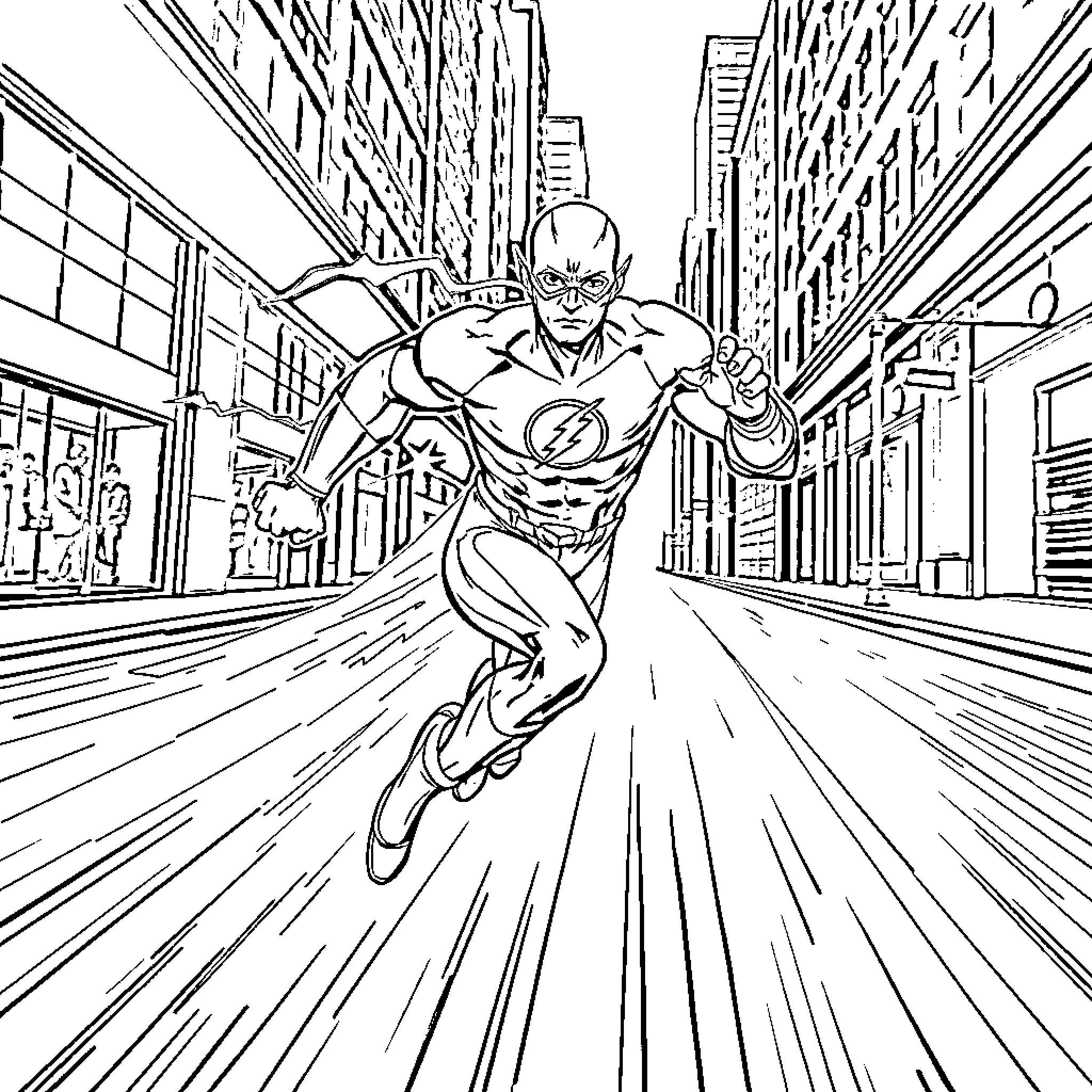 Flash Dashing Through City Streets Coloring Page (free black-and-white line drawing printable PDF for all, from beginners to advanced learners, including children, teens, adults, and seniors)