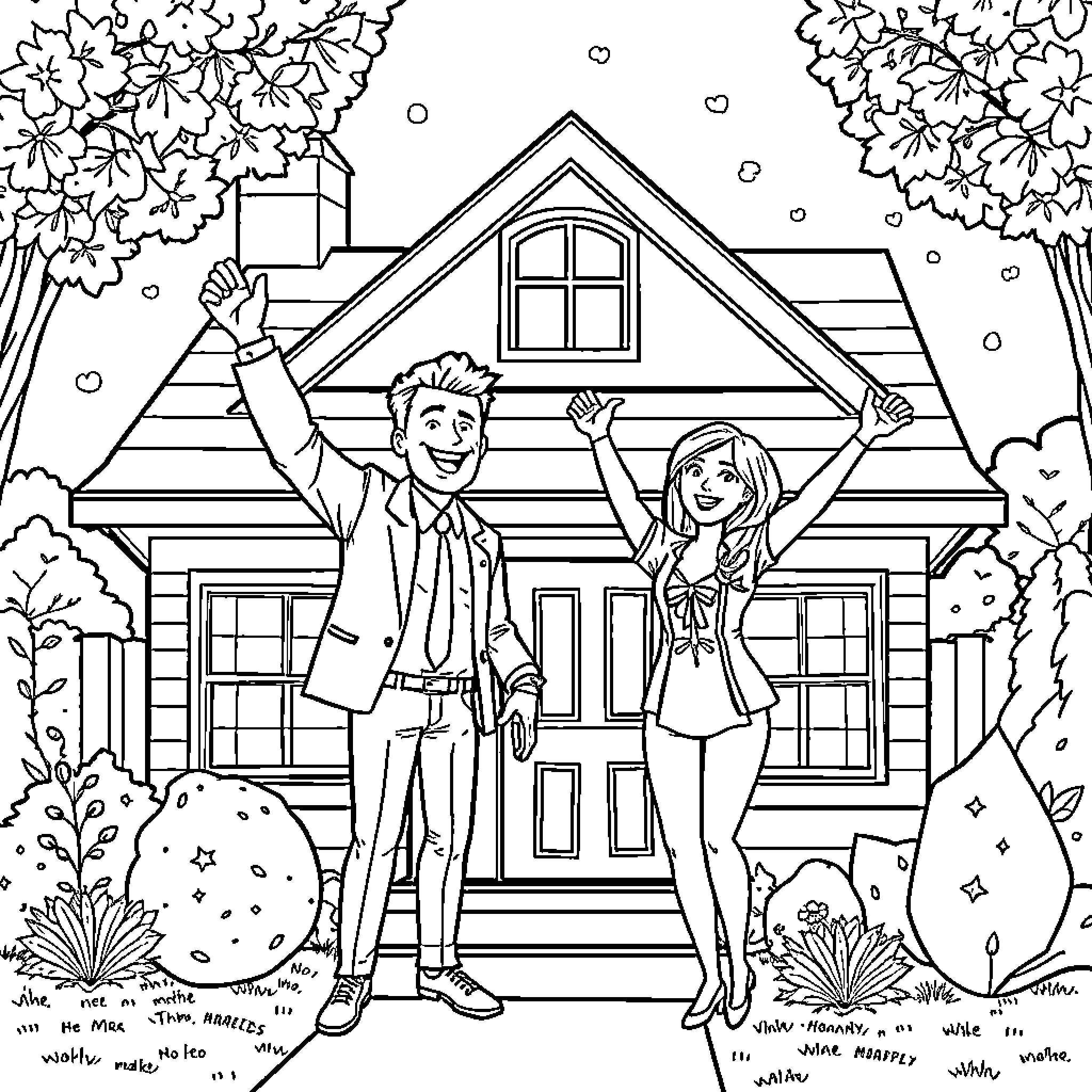 Real Estate Agent Showing a Cozy Home to Excited Clients Coloring Page (free black-and-white line drawing printable PDF for all, from beginners to advanced learners, including children, teens, adults, and seniors)