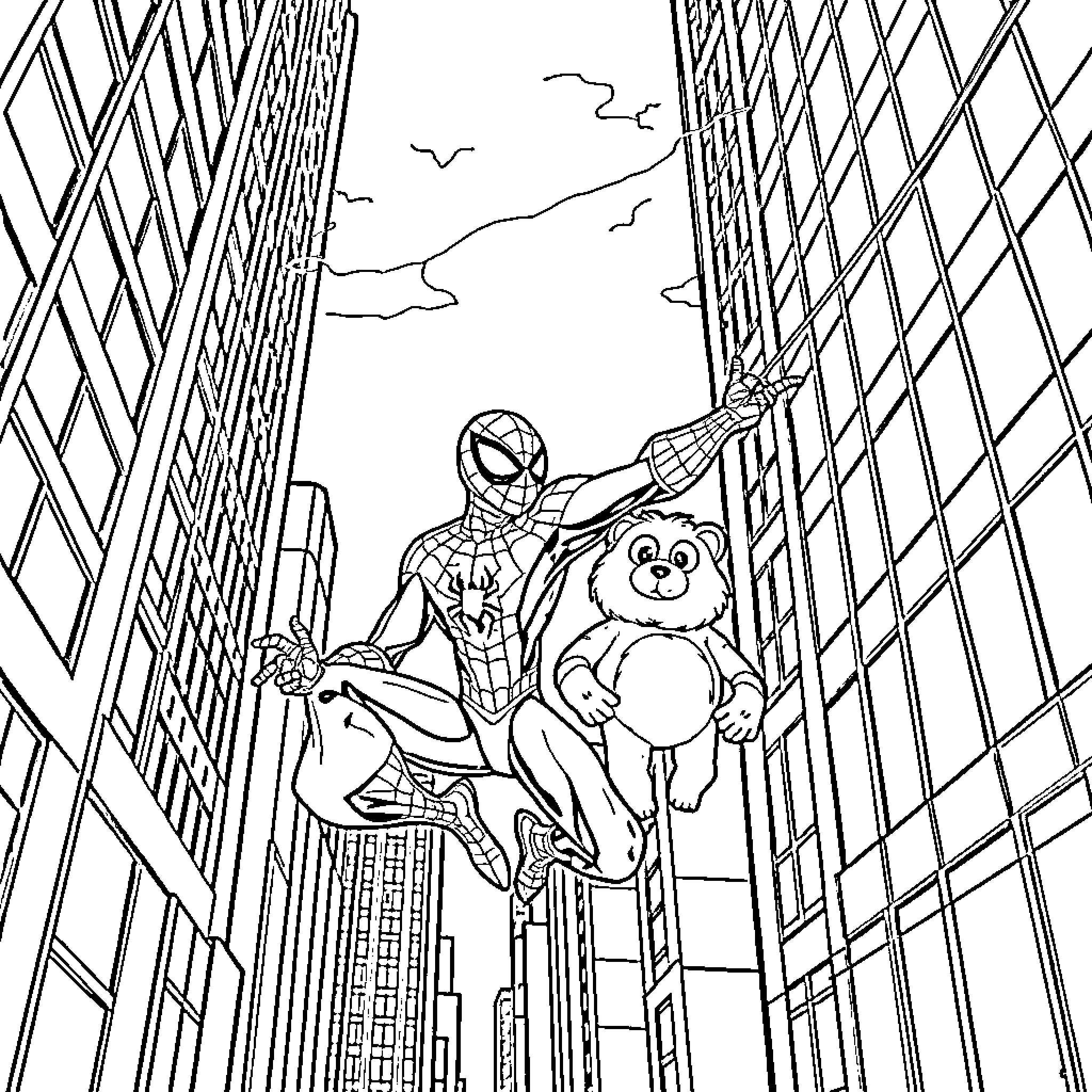 Spider-Man saving a teddy bear in the city Coloring Page (free black-and-white line drawing printable PDF for all, from beginners to advanced learners, including children, teens, adults, and seniors)
