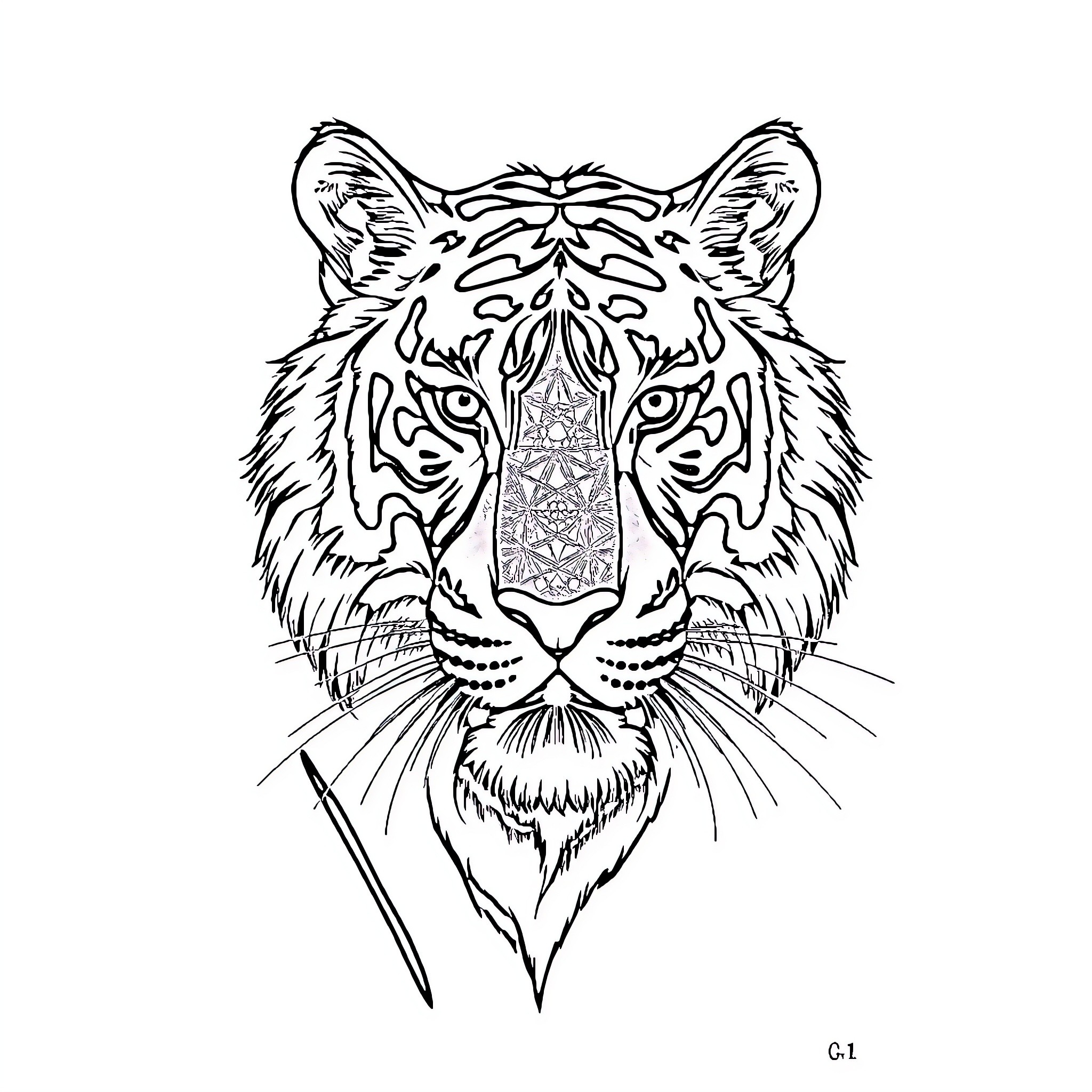 Tiger with intricate patterned face Coloring Page (free black-and-white line drawing printable PDF for all, from beginners to advanced learners, including children, teens, adults, and seniors)