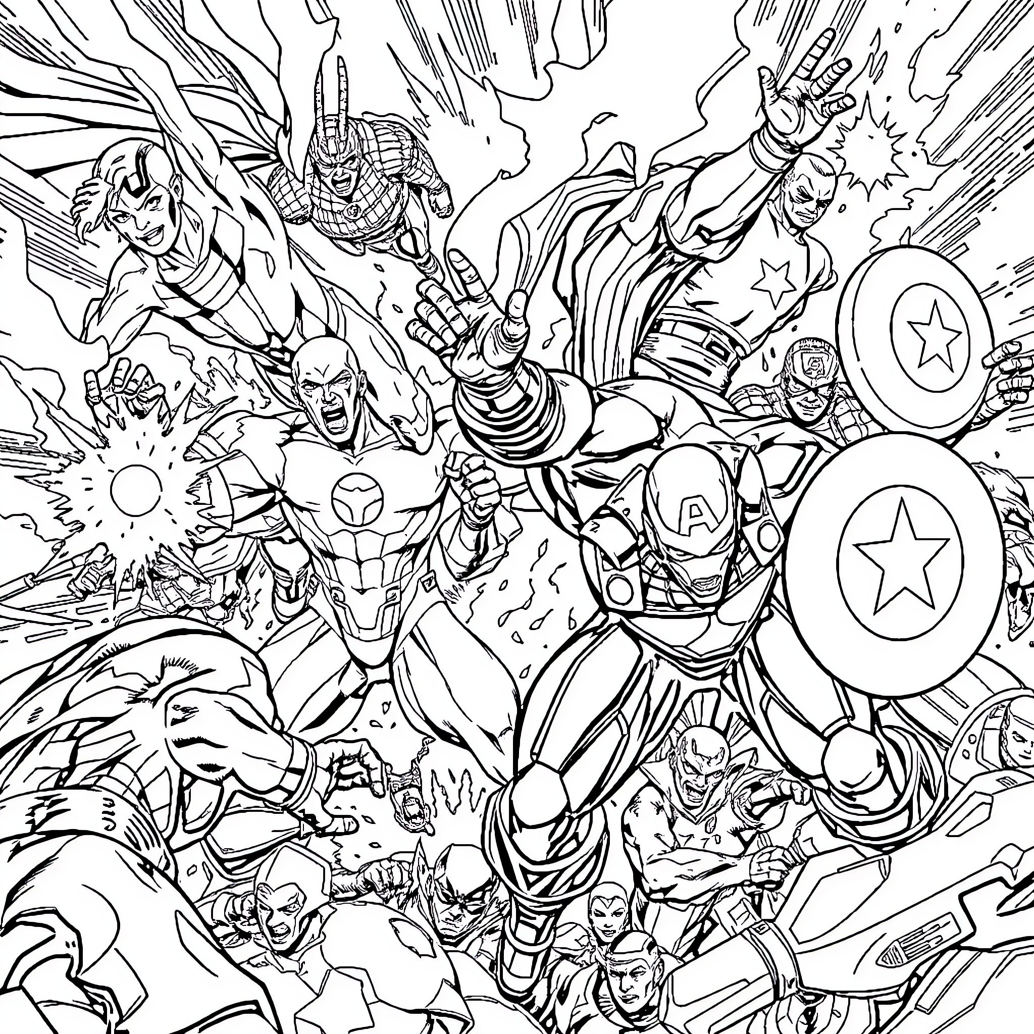 Avenger Super Heroes in Epic Battle Coloring Page (free black-and-white line drawing printable PDF for all, from beginners to advanced learners, including children, teens, adults, and seniors)